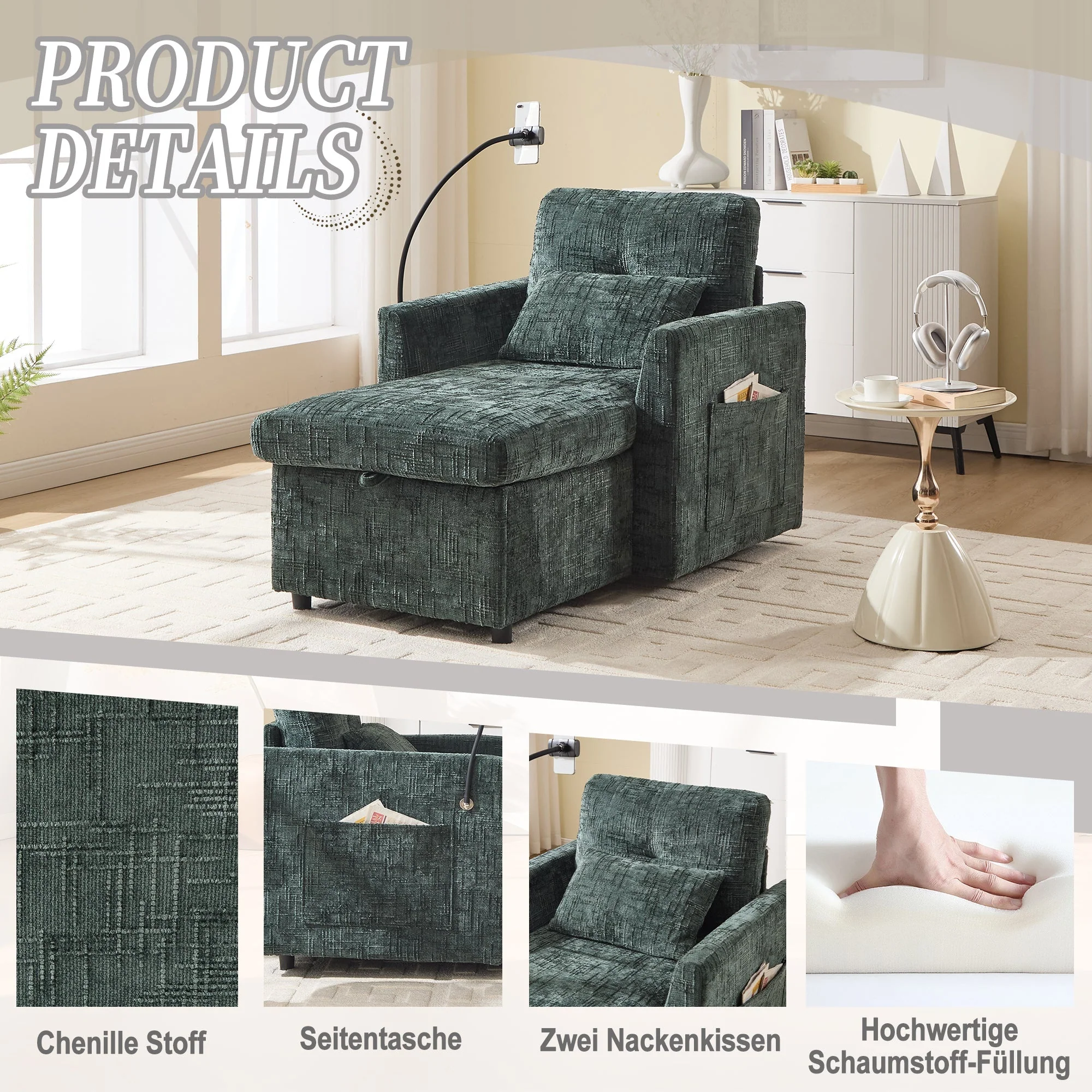 Multifunctional Lazy Sofa, Stowable Backrest with Phone Holder, Chenille - Image 3