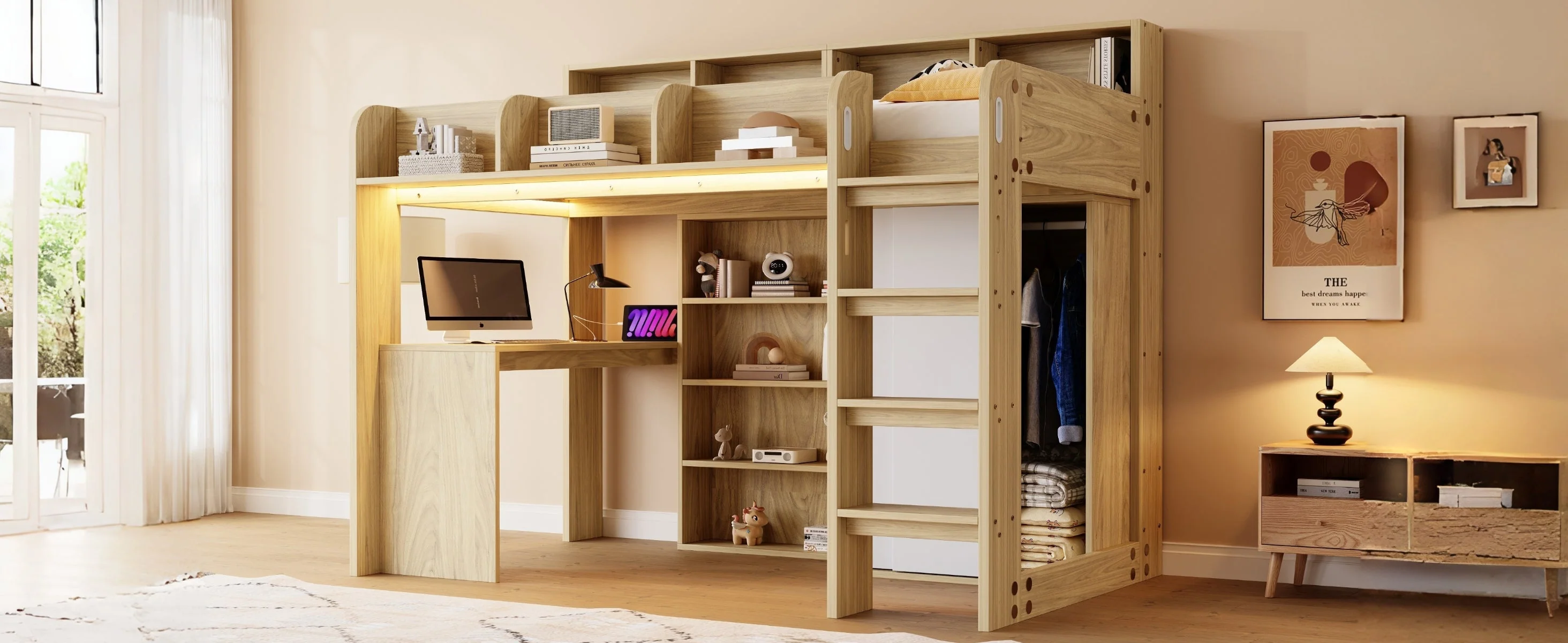 Multifunctional Loft Bed with Desk, Wardrobe, LED Lighting and Power Outlet, Wood Color - Image 10