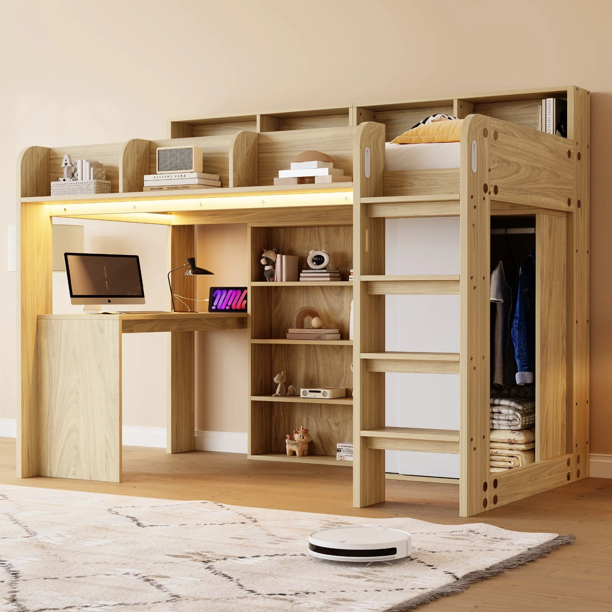 Multifunctional Loft Bed with Desk, Wardrobe, LED Lighting and Power Outlet, Wood Color - Image 2