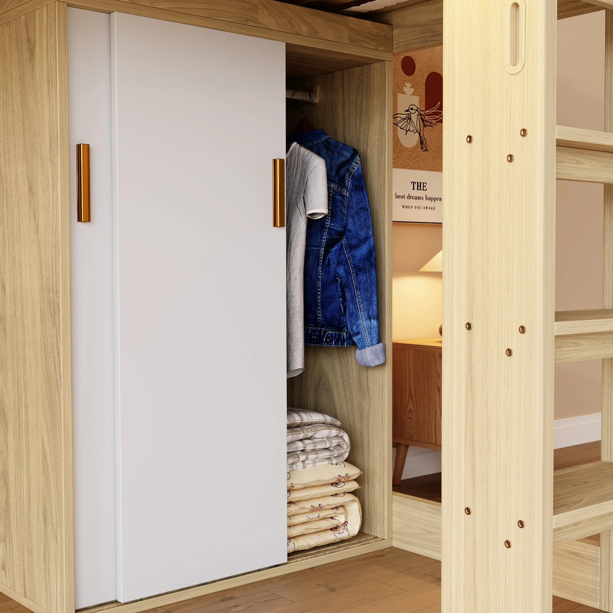 Multifunctional Loft Bed with Desk, Wardrobe, LED Lighting and Power Outlet, Wood Color - Image 7