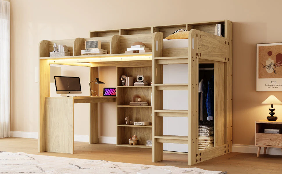 Multifunctional Loft Bed with Desk, Wardrobe, LED Lighting and Power Outlet, Wood Color - Image 8