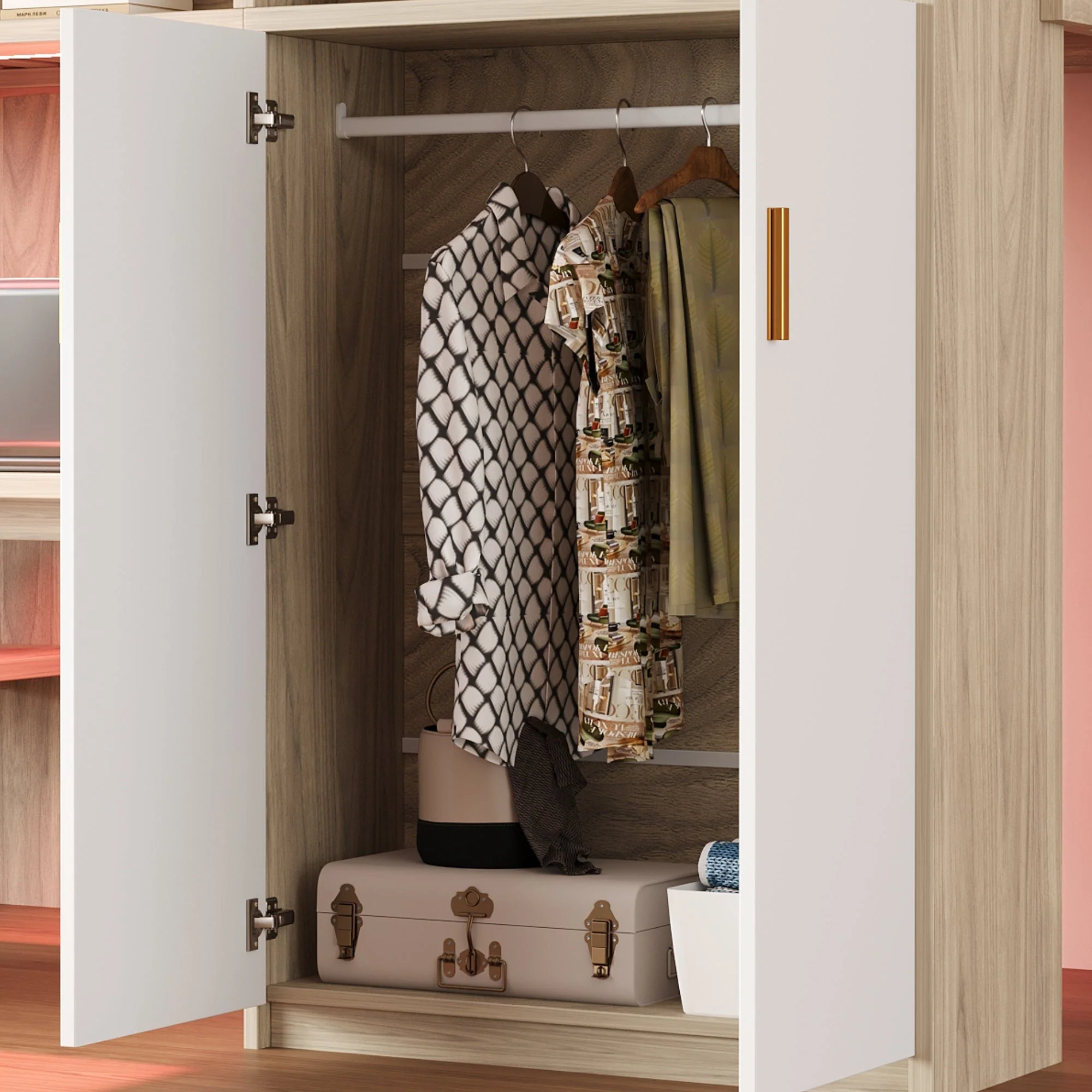 Multifunctional Loft Bed with Desk, Wardrobe, Shelf and LED Lighting, Wood Color - Image 6
