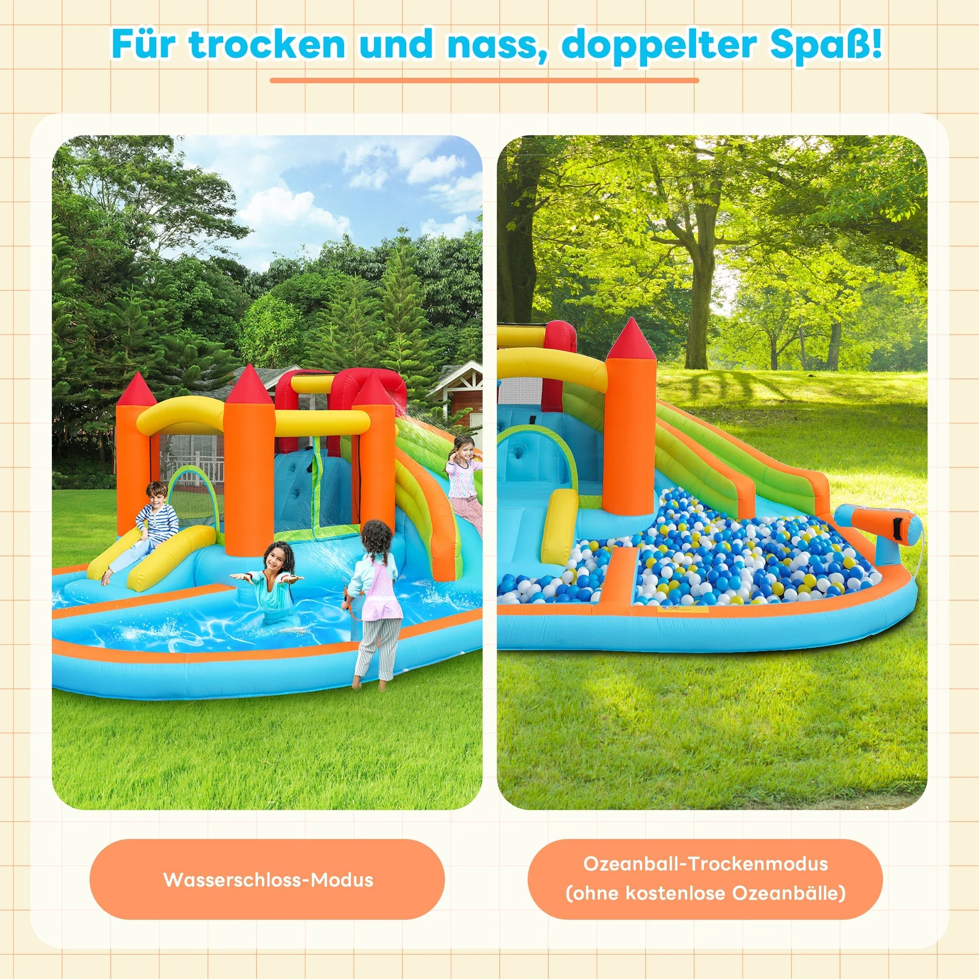 Multifunctional Outdoor Bouncy Castle with Blower, Water Slide, Trampoline, Basketball Hoop, Water Gun, 2 Pool Areas, 1 Large and 1 Small Slide - Image 7
