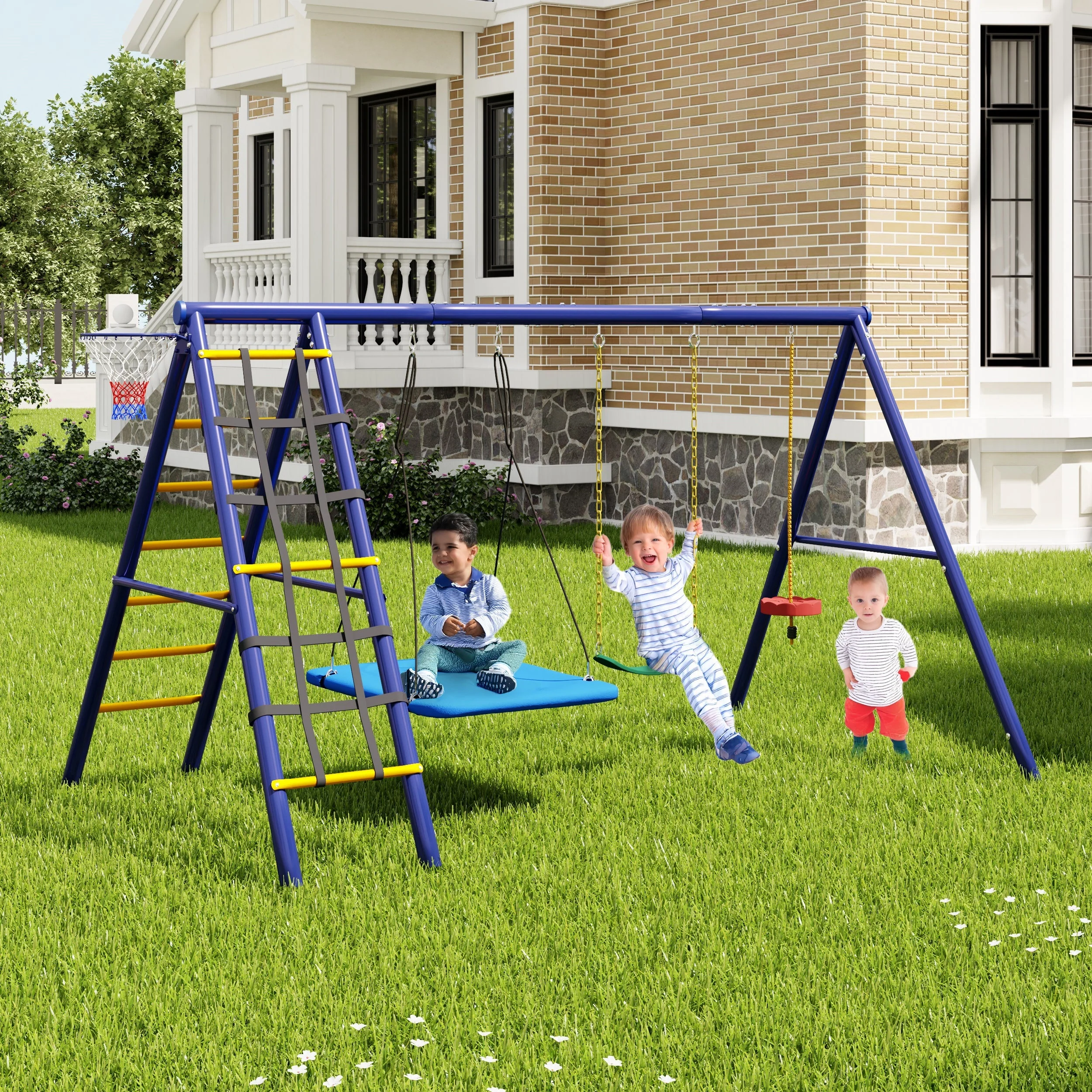 Multifunctional Outdoor Swing Set - 3 Swings, Climbing Frame, Basketball Hoop, Steel - Image 3
