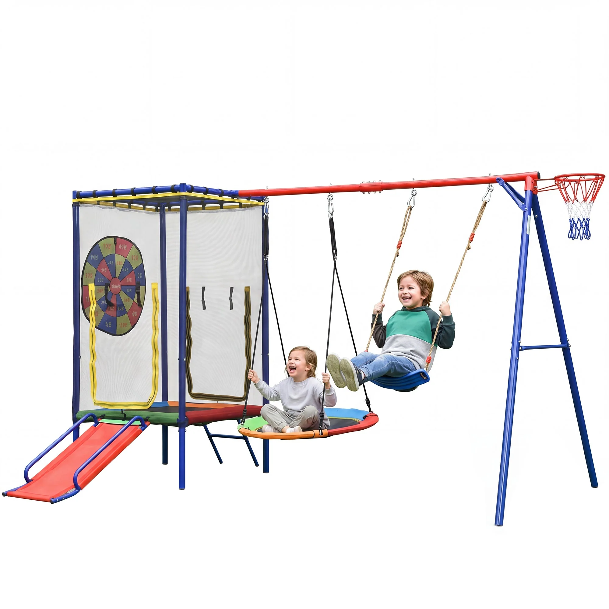 Multifunctional Outdoor Swing Set with Trampoline, Slide, Basketball Hoop and Nest Swing, Stable Steel Construction - Image 2