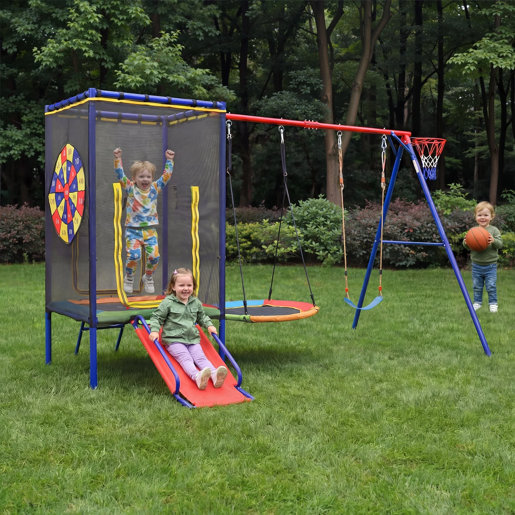 Multifunctional Outdoor Swing Set with Trampoline, Slide, Basketball Hoop and Nest Swing, Stable Steel Construction - Image 8