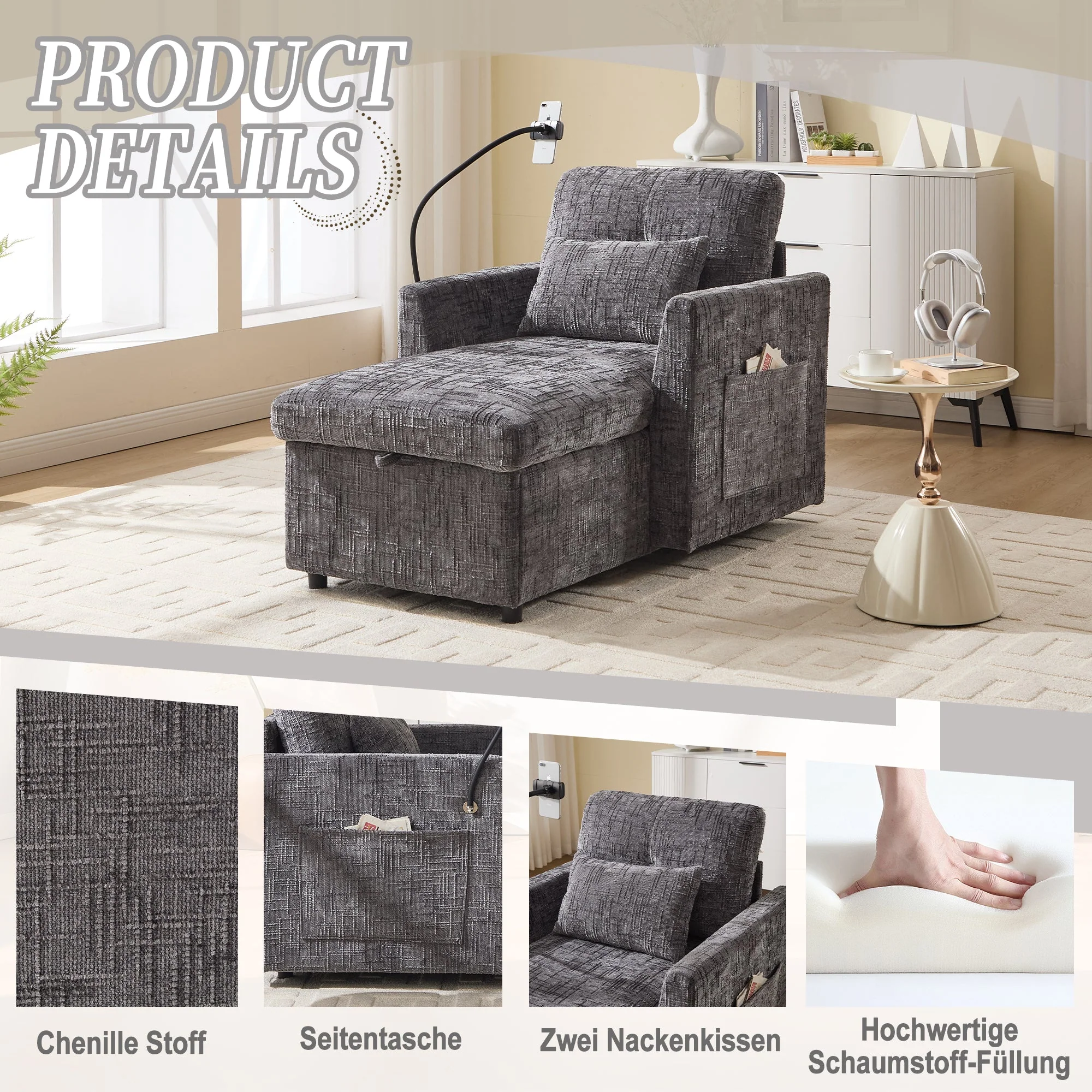 Multifunctional Reclining Sofa, Lounge Chair Mobile Holder, Chenille Armchair - Image 2