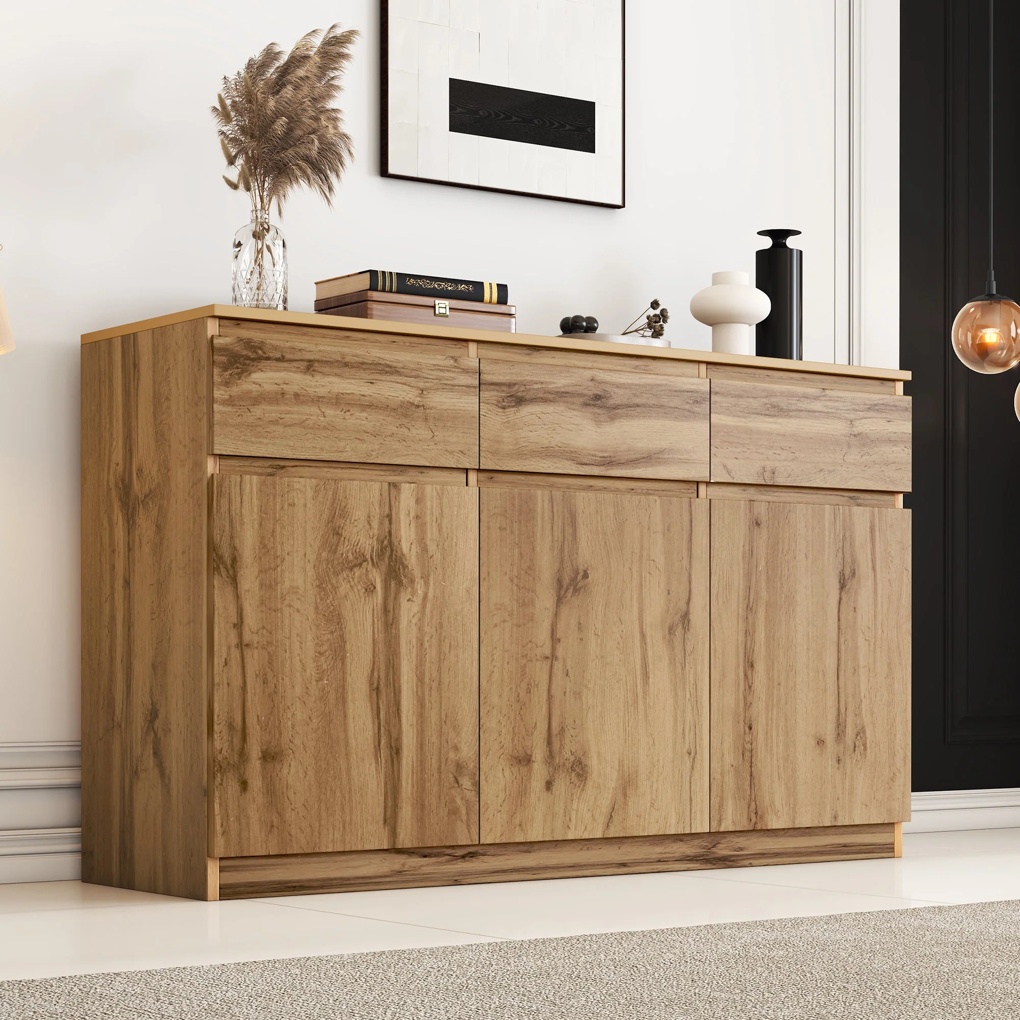 Multifunctional Sideboard 3 Doors 3 Drawers 135x40x81cm - Authentic Wood Look - Image 4