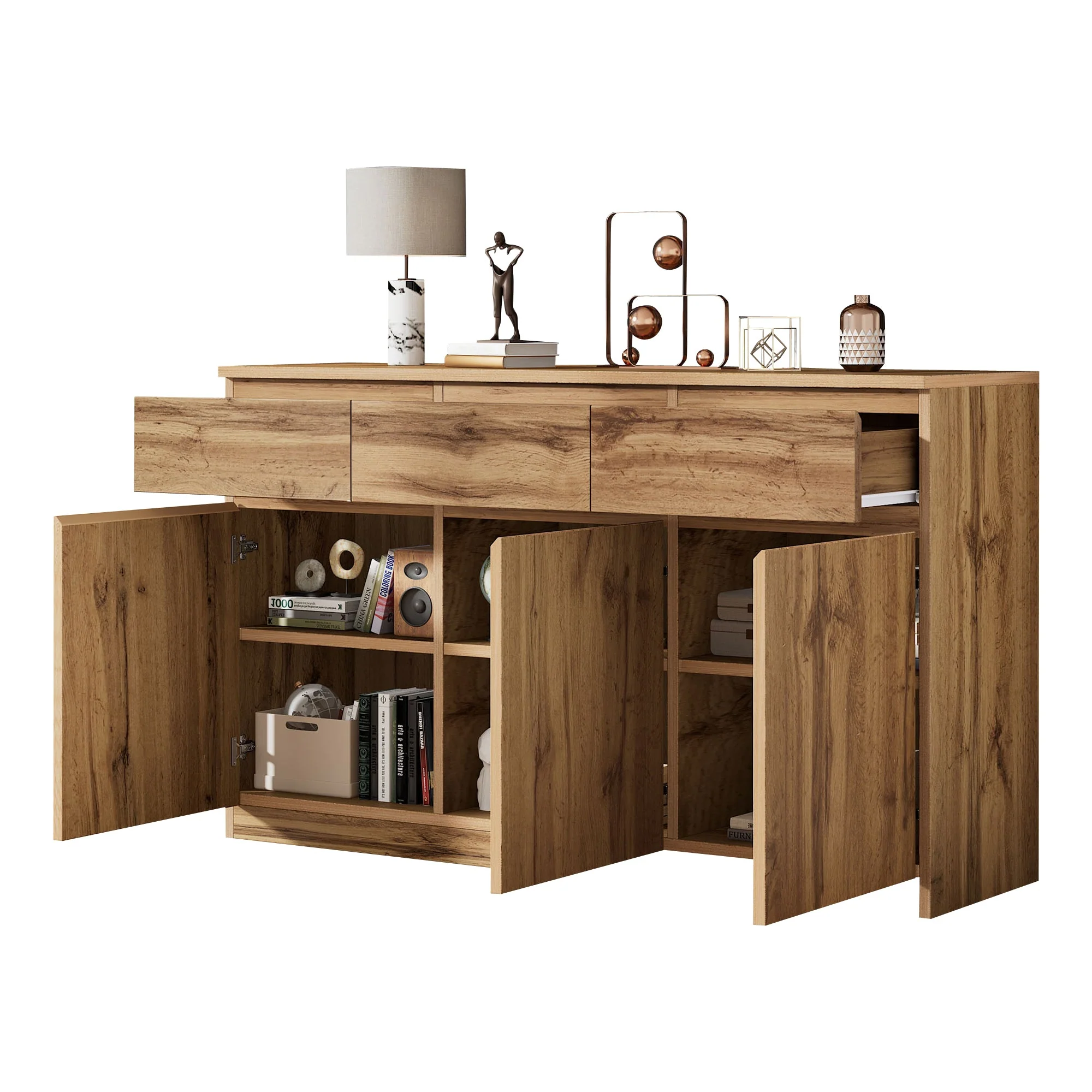 Multifunctional Sideboard 3 Doors 3 Drawers 135x40x81cm - Authentic Wood Look - Image 7