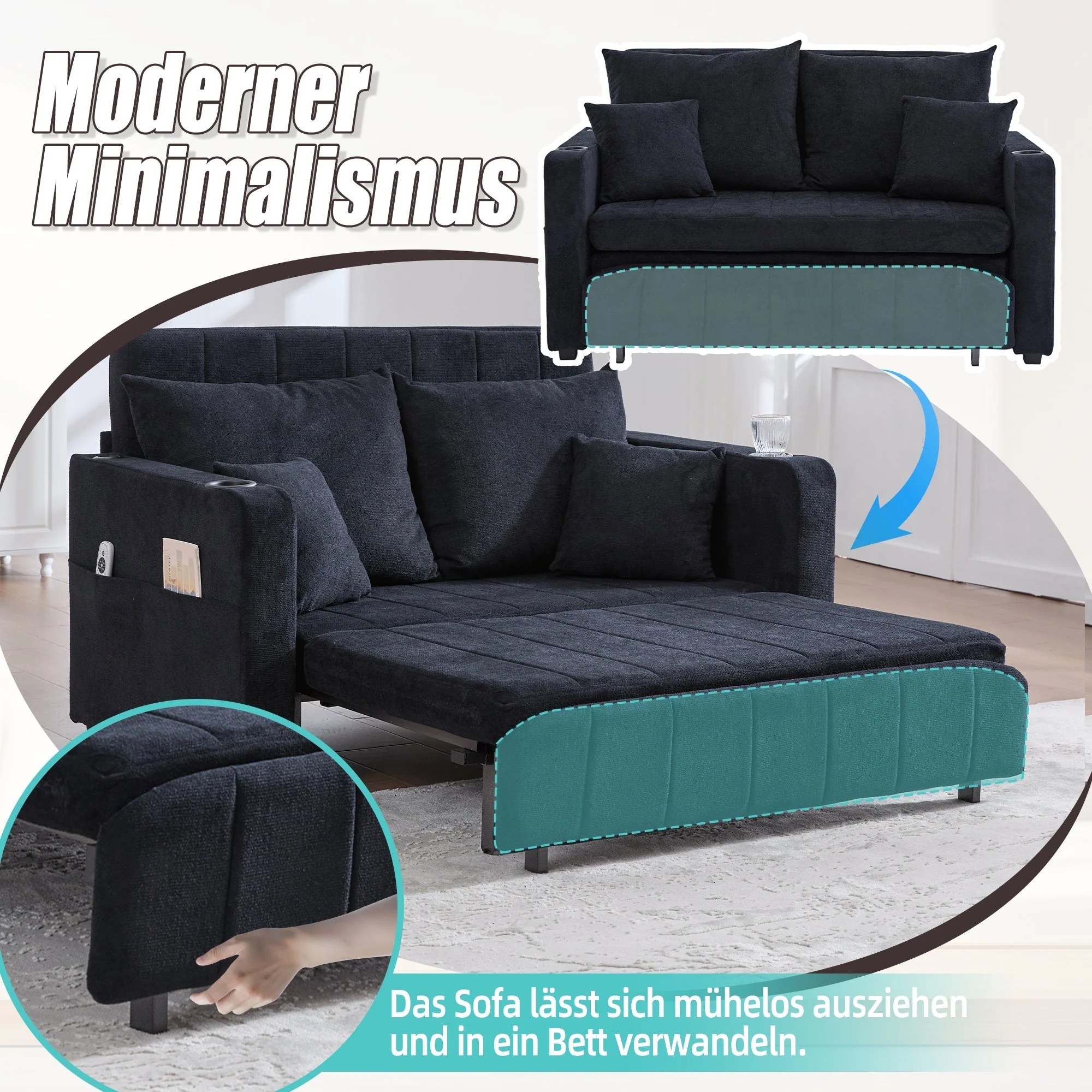 Multifunctional Sofa Bed, Foldable Pull-Out, USB Charging, Cup Holder, Fabric - Image 3