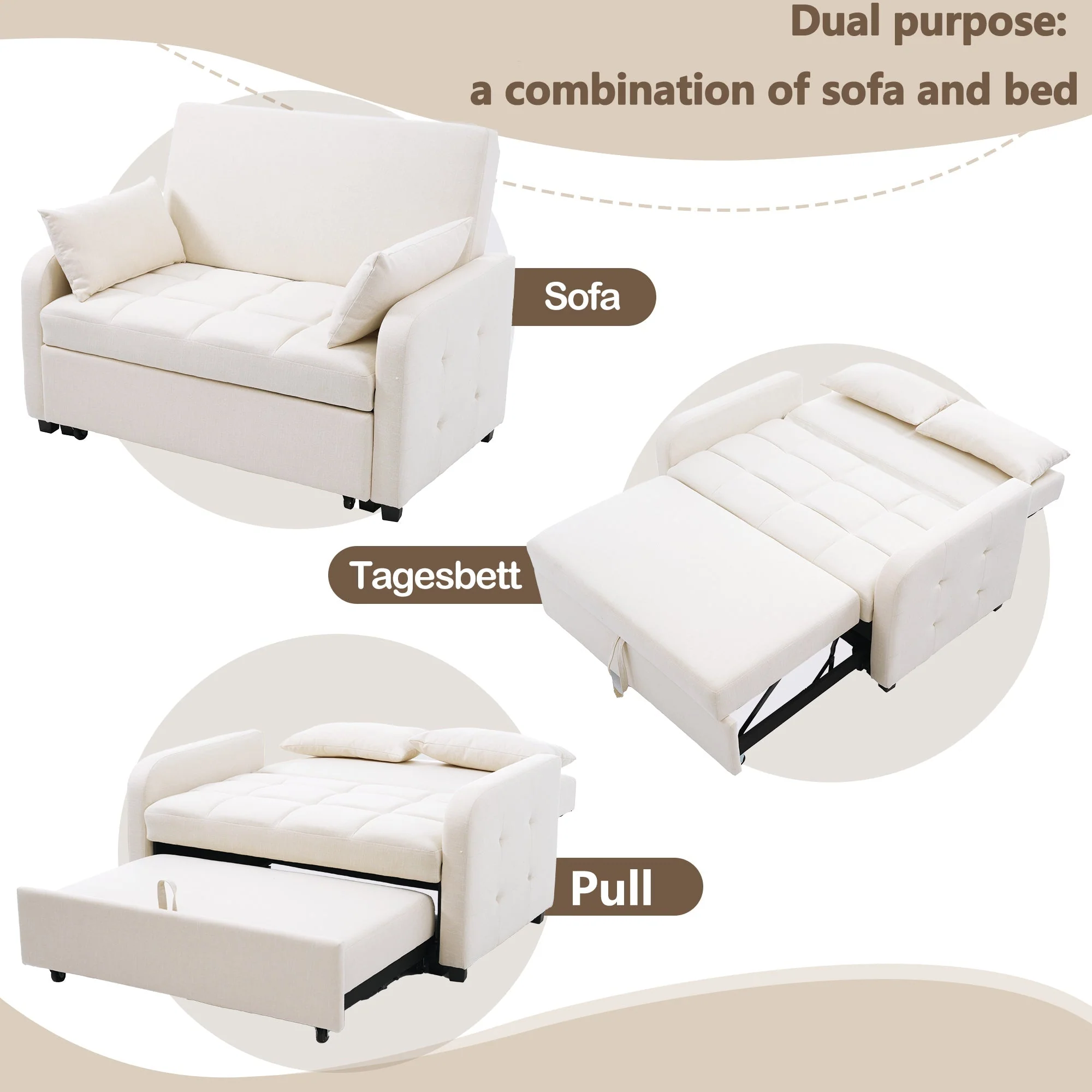 Multifunctional Sofa Bed, Folding Daybed with Adjustable Backrest, Off White - Image 6