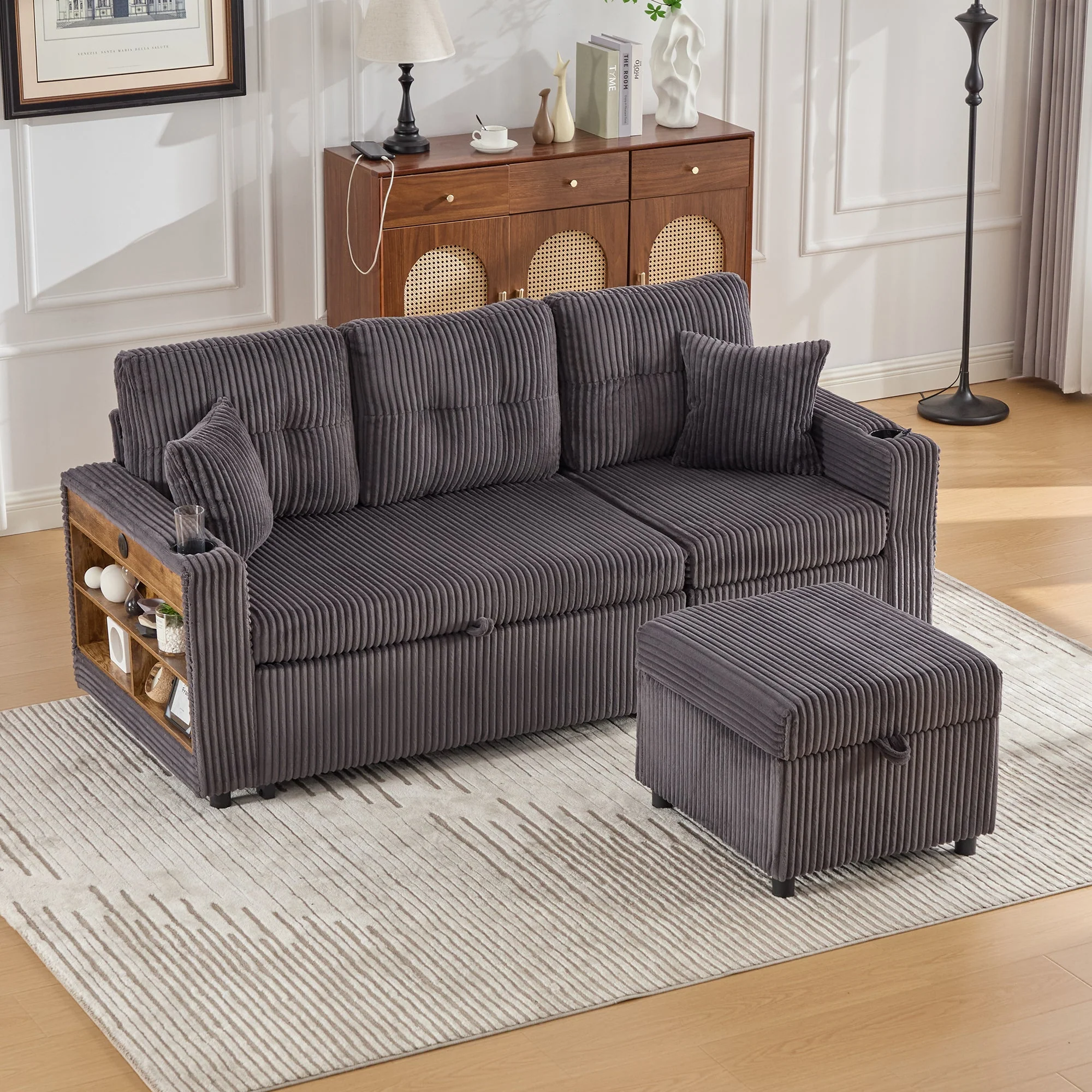 Multifunctional Sofa with Storage & Pull-Out Bed, USB-C, Ambient Light, Corduroy - Image 2
