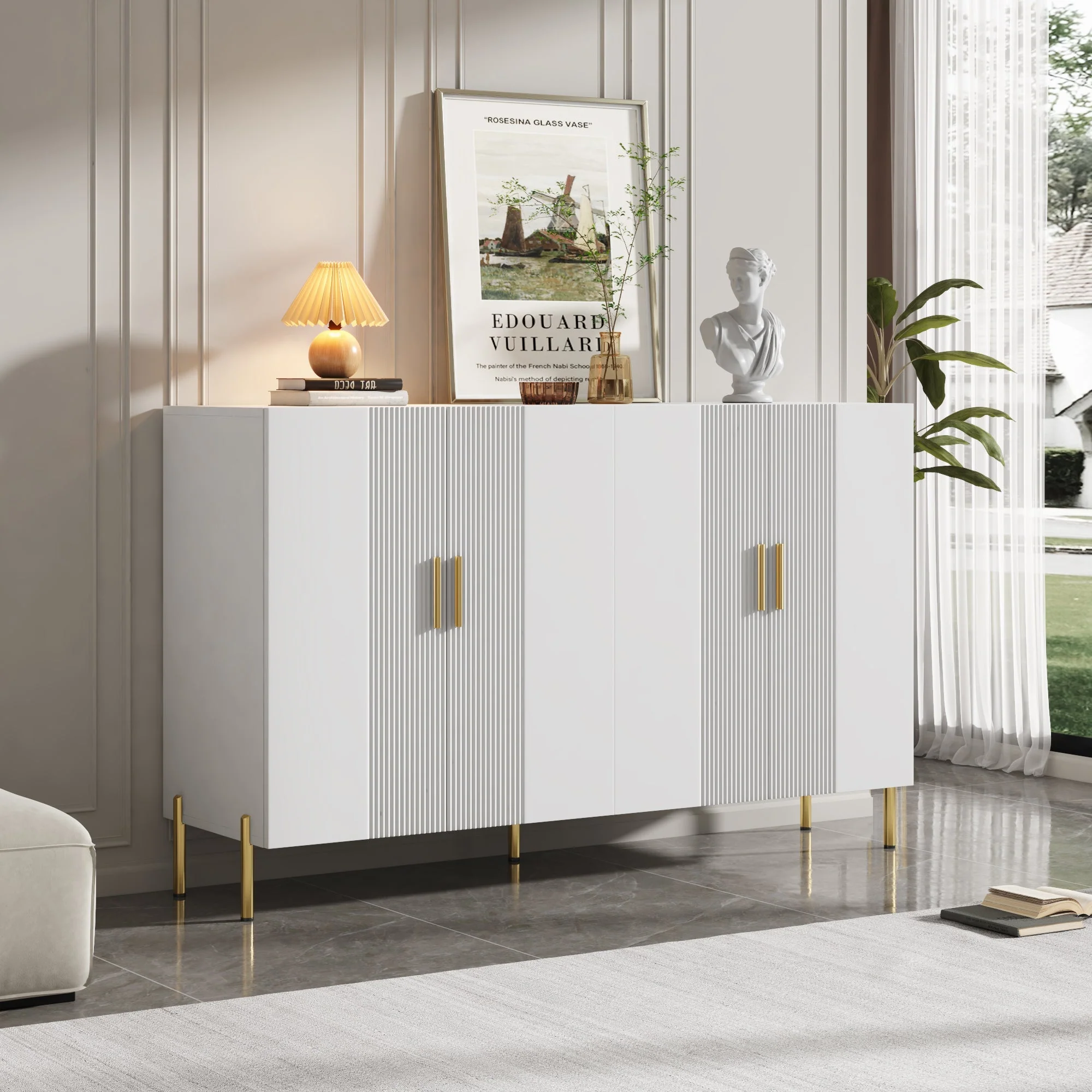 Multifunctional Storage Cabinet, 4 Doors Dining Room Gold Decoration, White Matte - Image 2