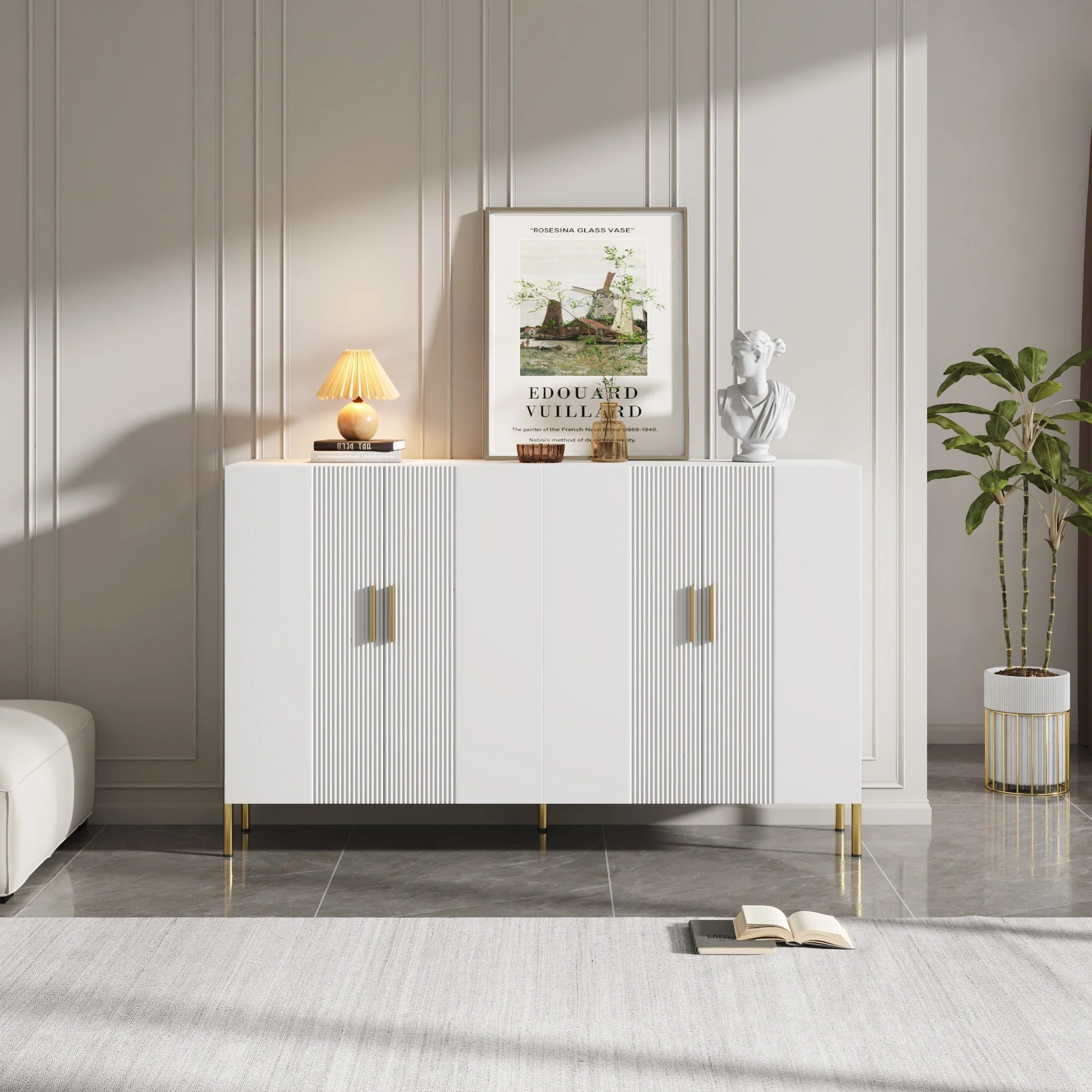 Multifunctional Storage Cabinet, 4 Doors Dining Room Gold Decoration, White Matte - Image 3