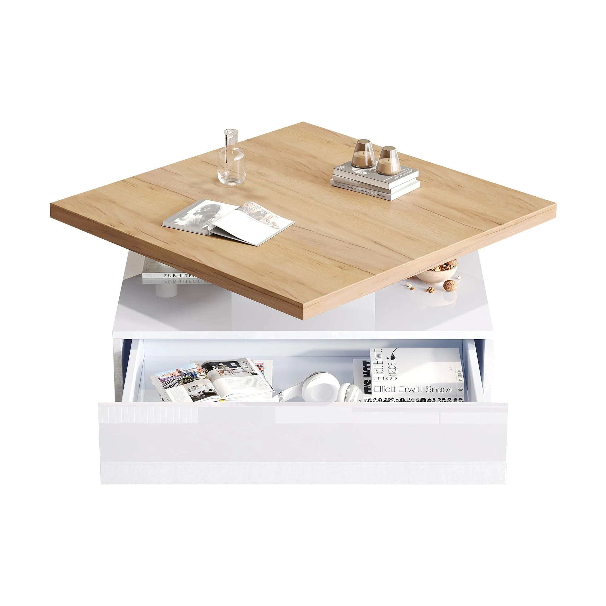 Multifunctional Swivel Coffee Table with Storage, White and Walnut - Image 9