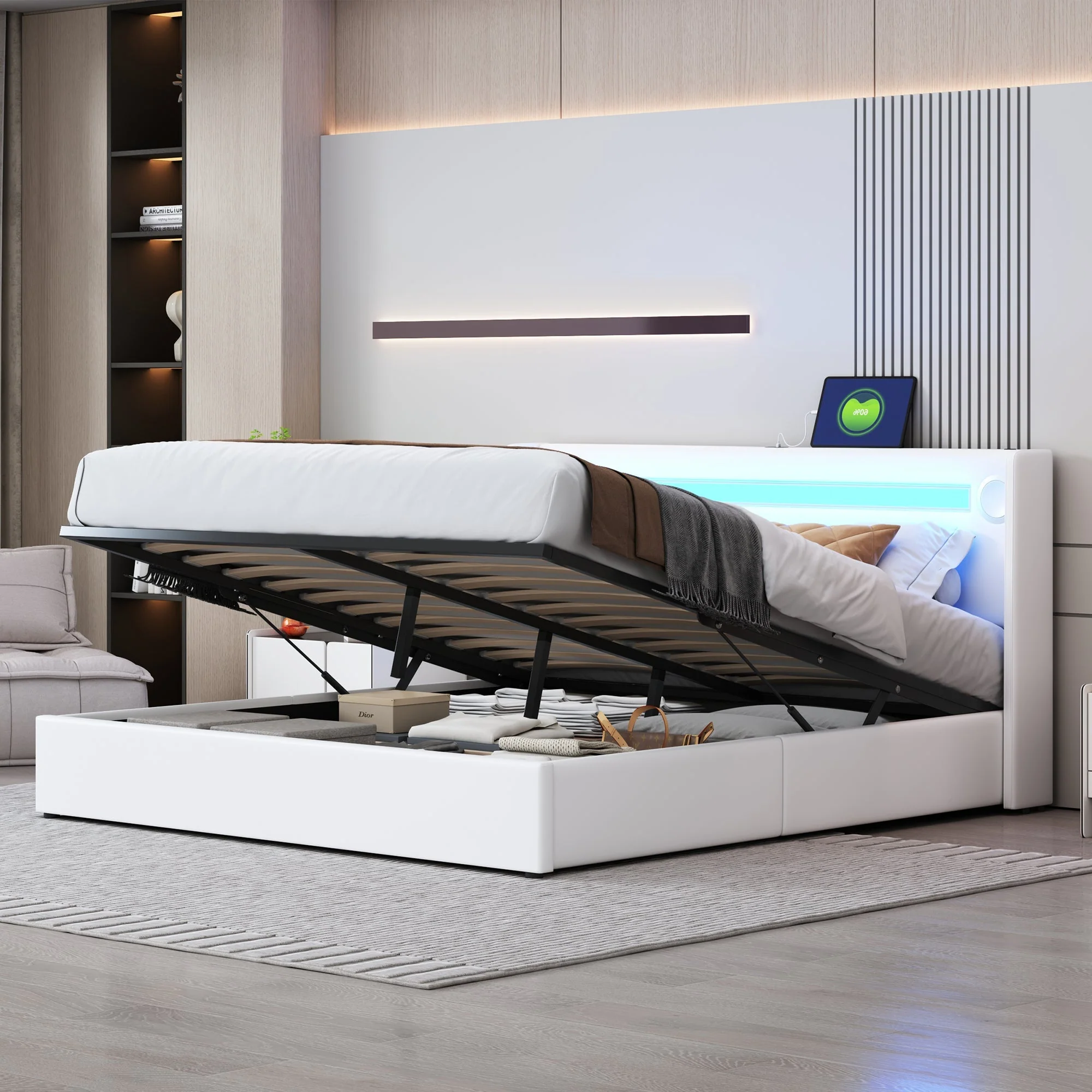 Multifunctional Upholstered Bed with LED Lighting, Bluetooth and USB Storage, White PU Leather - Image 4