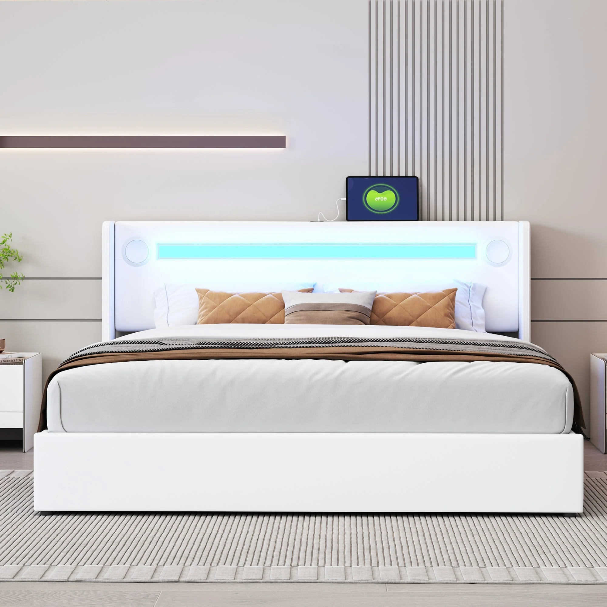 Multifunctional Upholstered Bed with LED Lighting, Bluetooth and USB Storage, White PU Leather - Image 7
