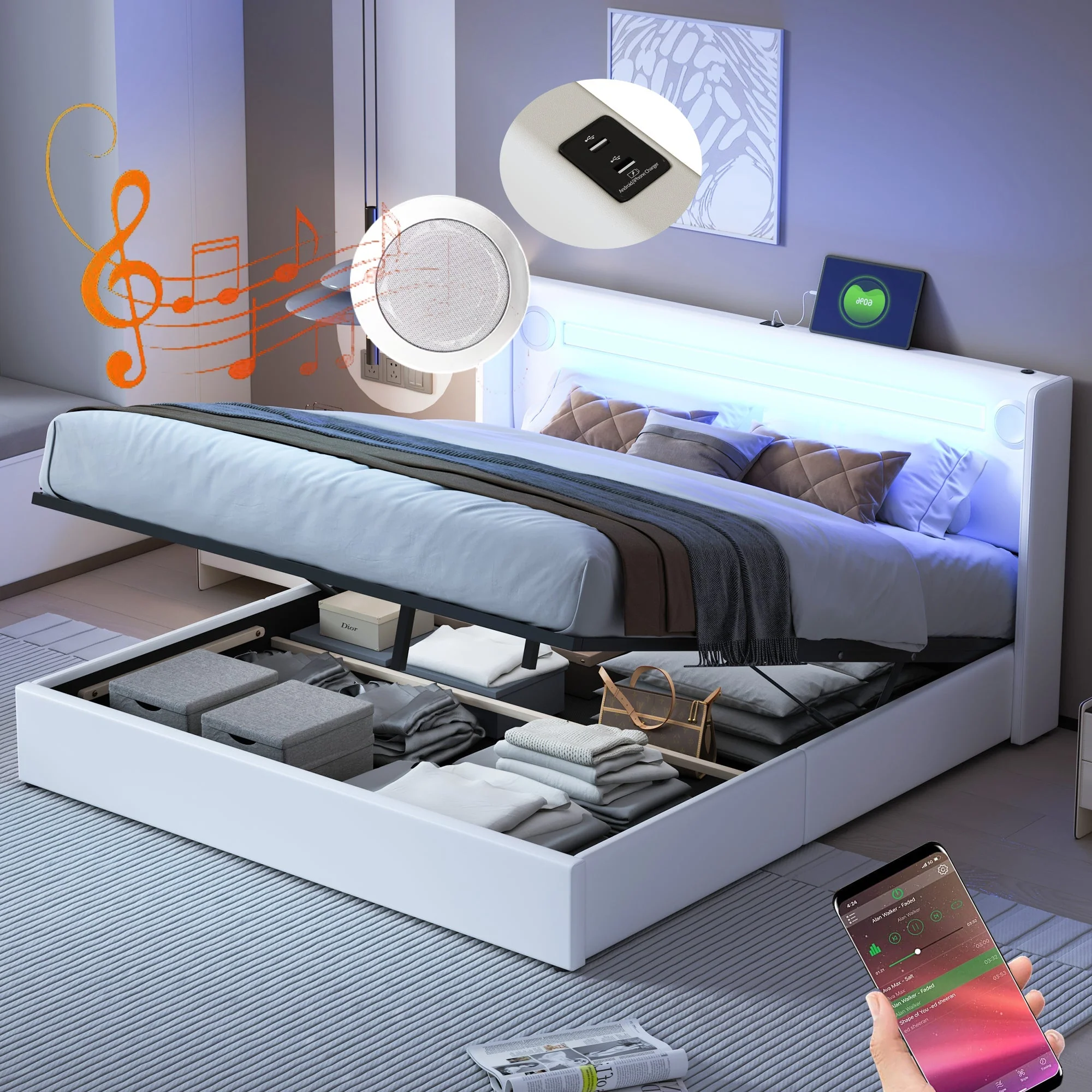 Multifunctional Upholstered Bed with LED Lighting, Bluetooth and USB Storage, White PU Leather - Image 9
