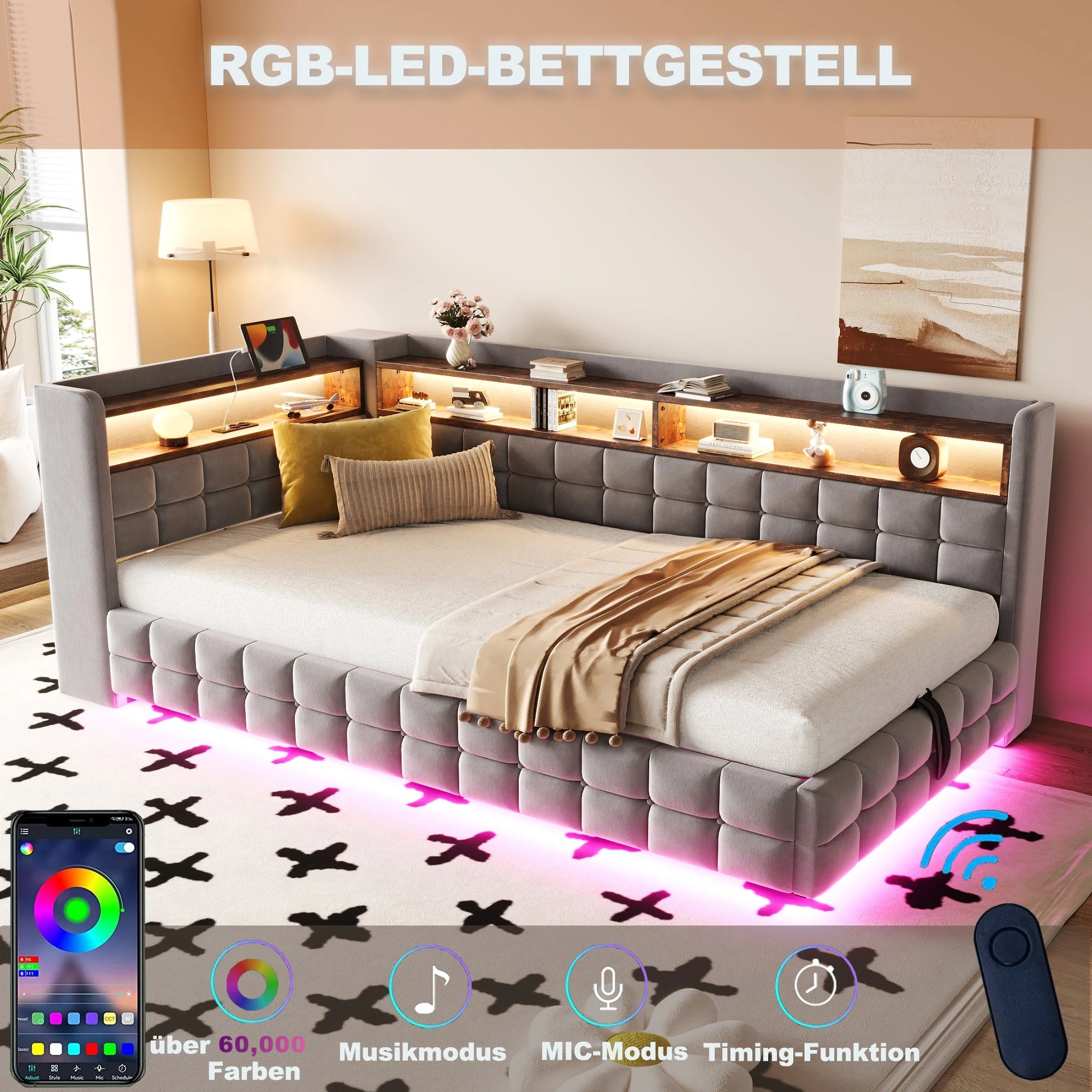 Multifunctional Upholstered Sofa Bed with Hydraulic Storage, LED and USB Ports, Light Grey Velvet - Image 6