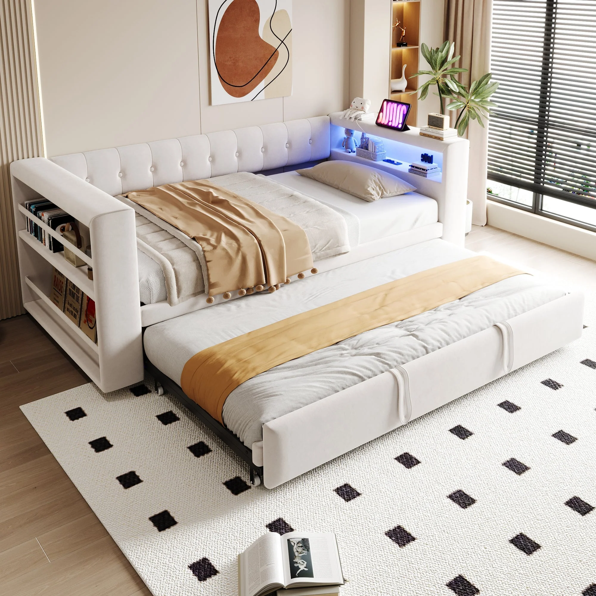 Multifunctional Upholstered Sofa Bed with LED Lighting, Power Outlets and Ample Storage, 90/180x190cm, Beige - Image 2