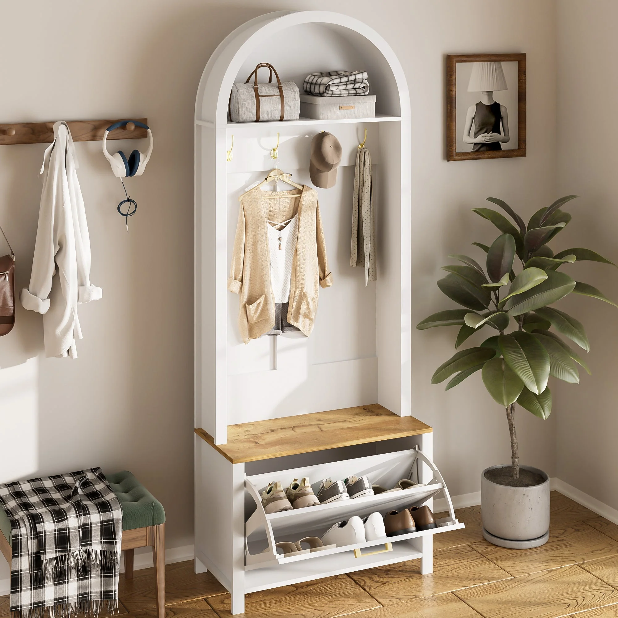 Multifunctional Wardrobe Hall Tree with Shoe Rack, Shelf & Hooks, MDF - Image 4