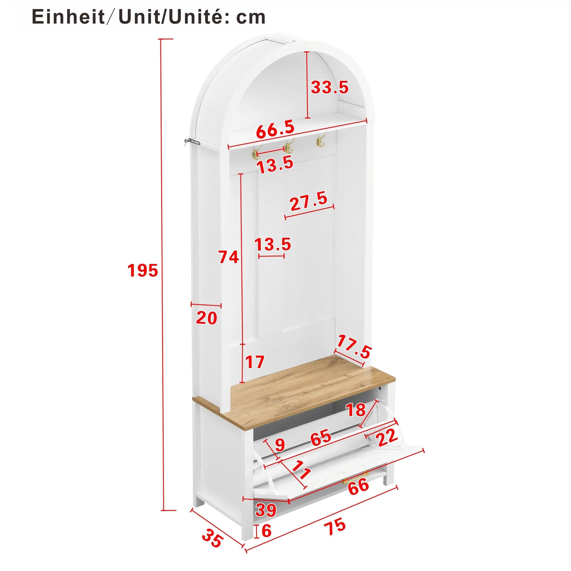 Multifunctional Wardrobe Hall Tree with Shoe Rack, Shelf & Hooks, MDF - Image 5