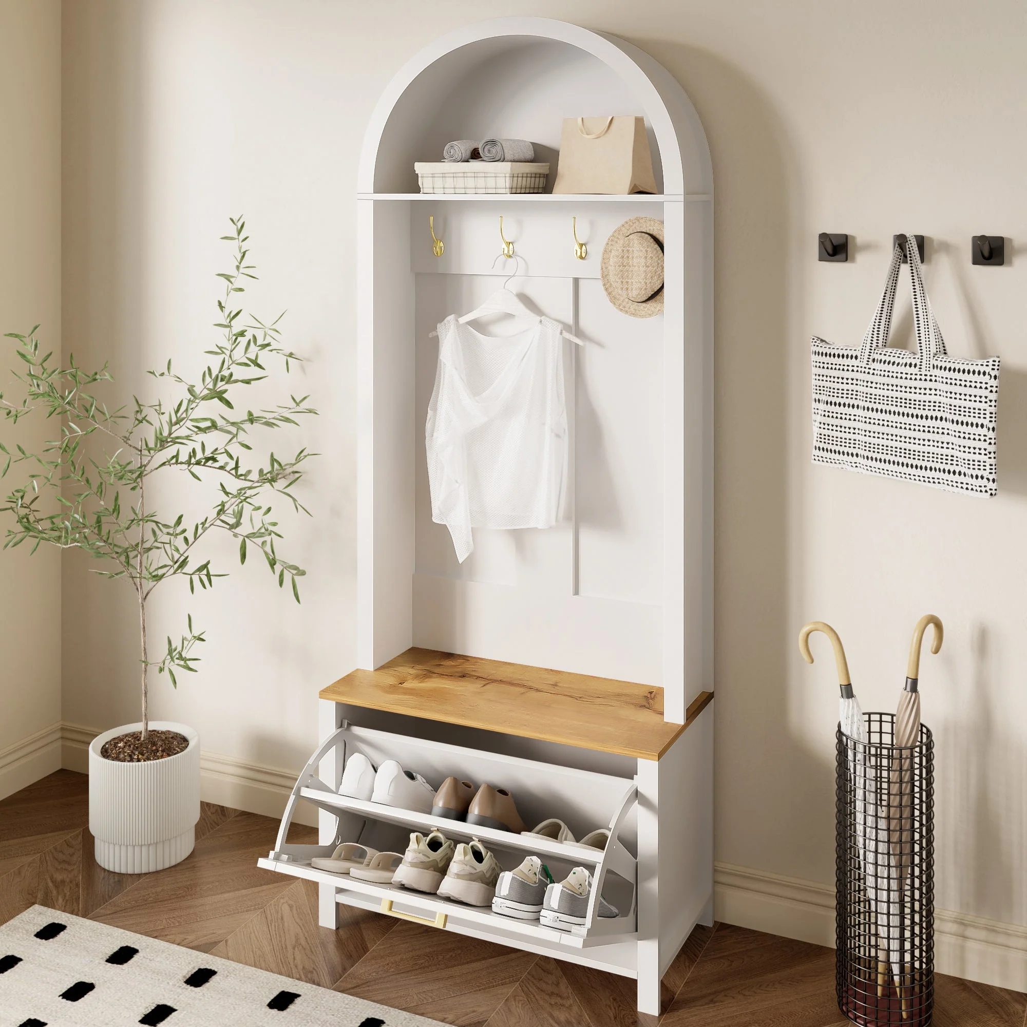 Multifunctional Wardrobe Hall Tree with Shoe Rack, Shelf & Hooks, MDF - Image 7