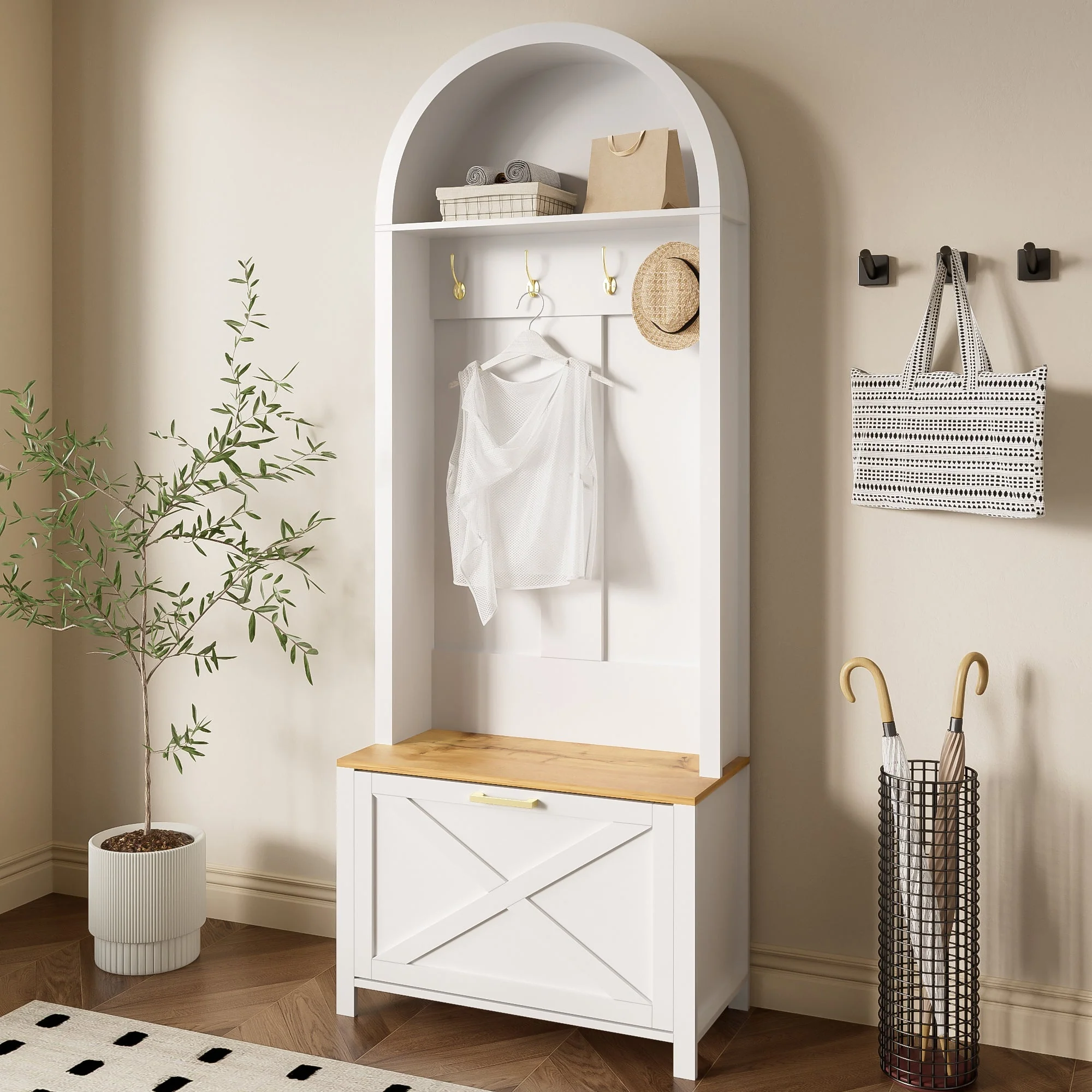 Multifunctional Wardrobe Hall Tree with Shoe Rack, Shelf & Hooks, MDF - Image 8