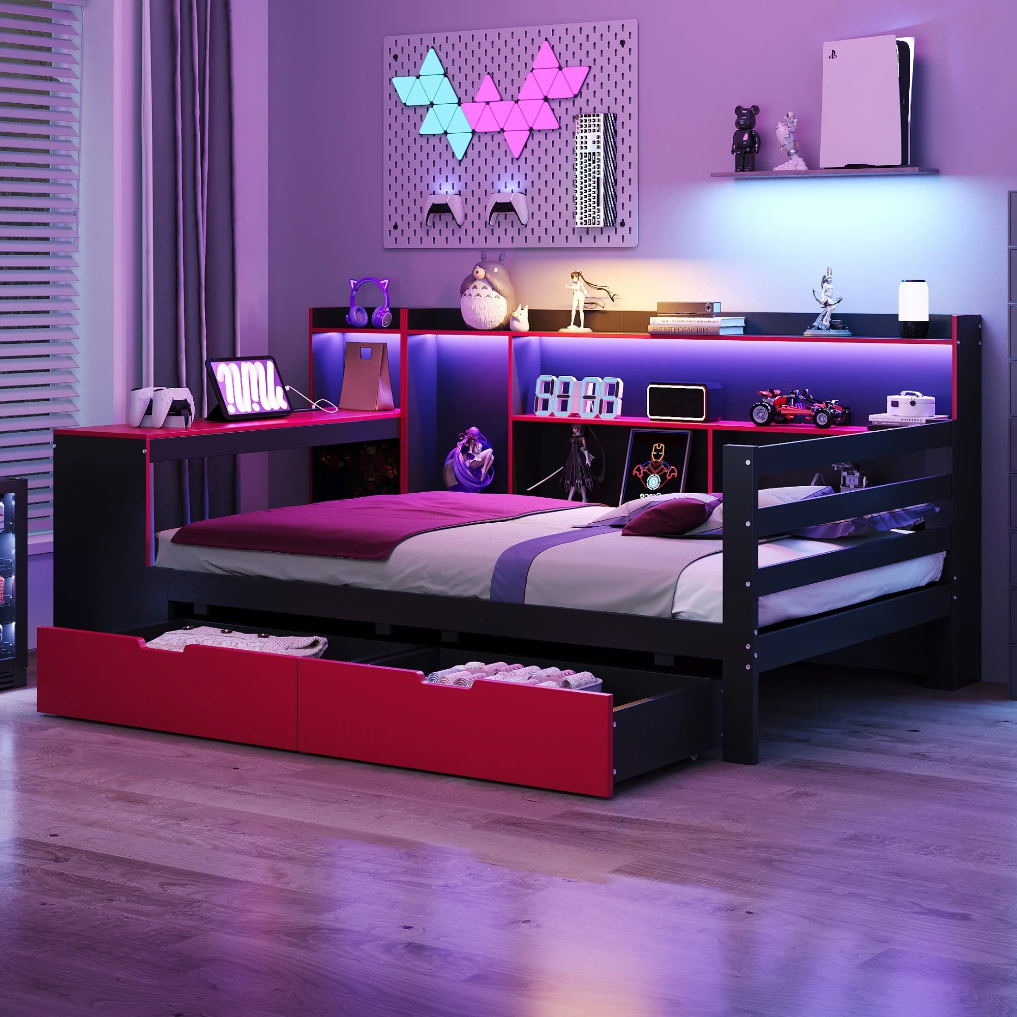 Multifunctional Wooden Sofa Bed with Desk, Bookshelf, Lighting and Sockets, 90x200cm, Black and Red Wood - Image 2