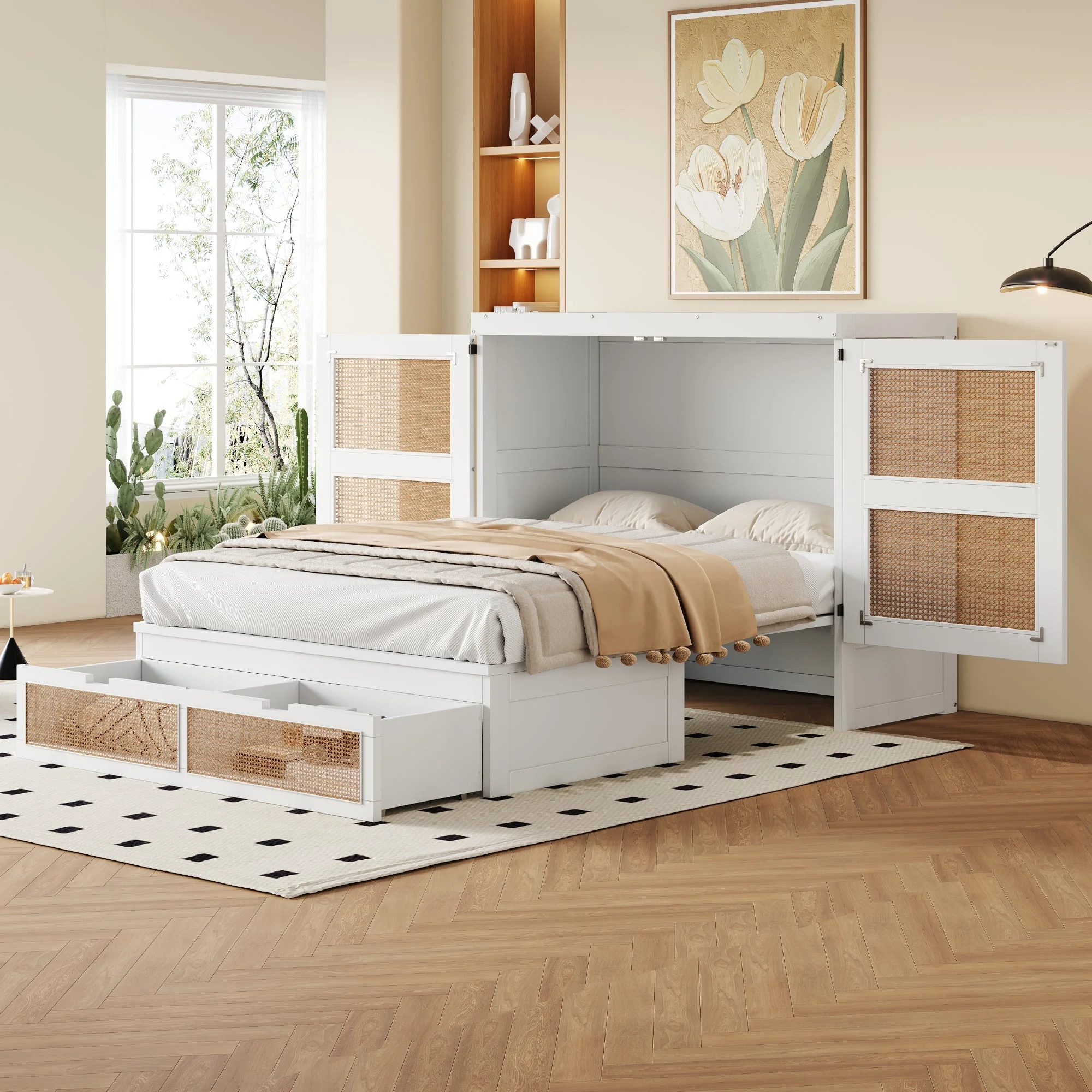 Murphy Bed with Rattan Cabinet Doors and Integrated Storage, White - Image 2