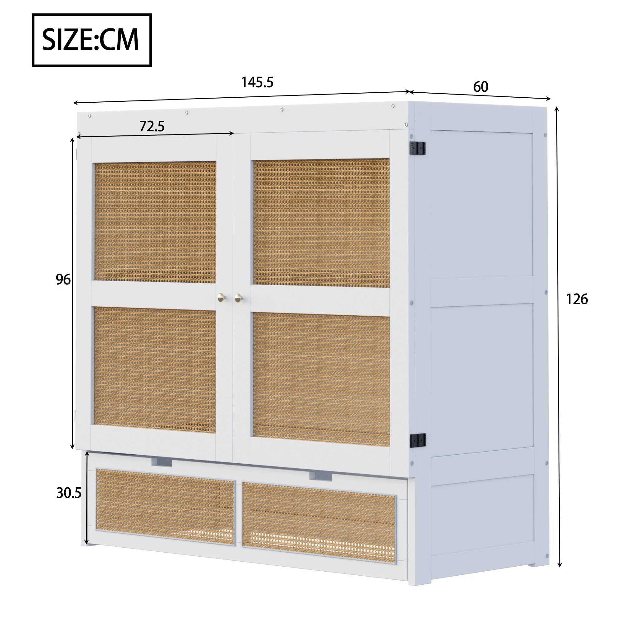 Murphy Bed with Rattan Cabinet Doors and Integrated Storage, White - Image 6