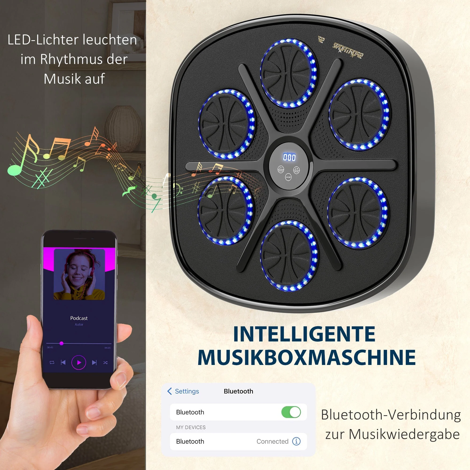 Music Boxing Machine, Electronic Bluetooth Wall-Mounted with LED Lights, Black - Image 5