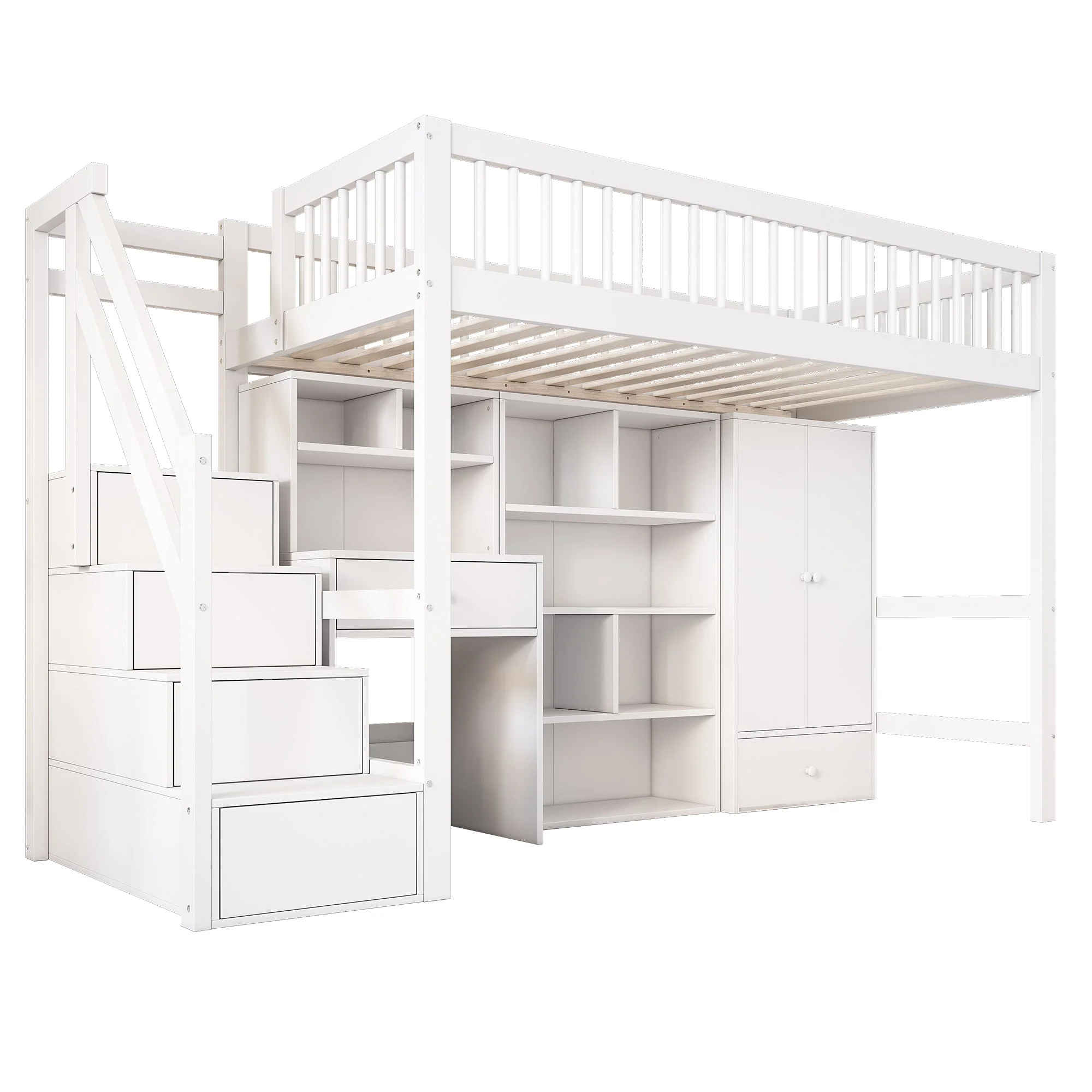 N634P201175W Multifunctional Loft Bed with Reversible Storage Stairs, Desk, and Wardrobe - Image 3