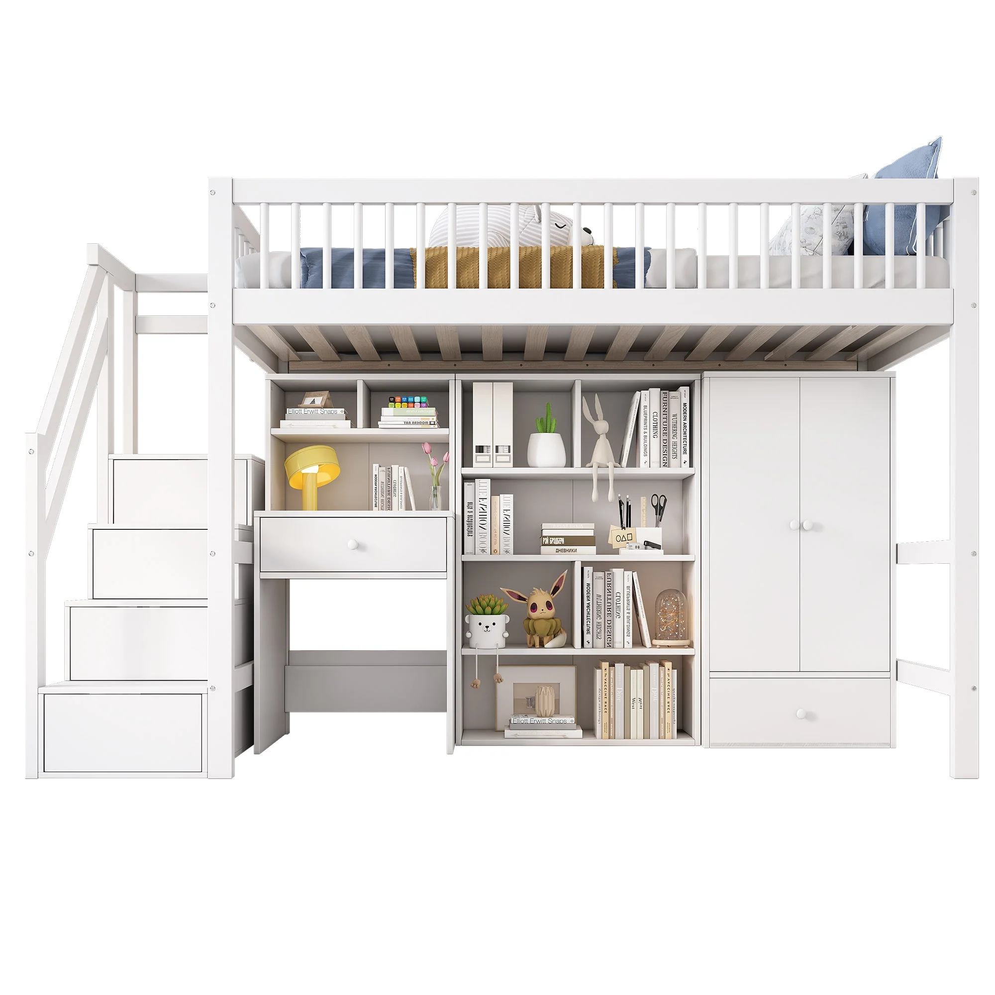 N634P201175W Multifunctional Loft Bed with Reversible Storage Stairs, Desk, and Wardrobe - Image 4