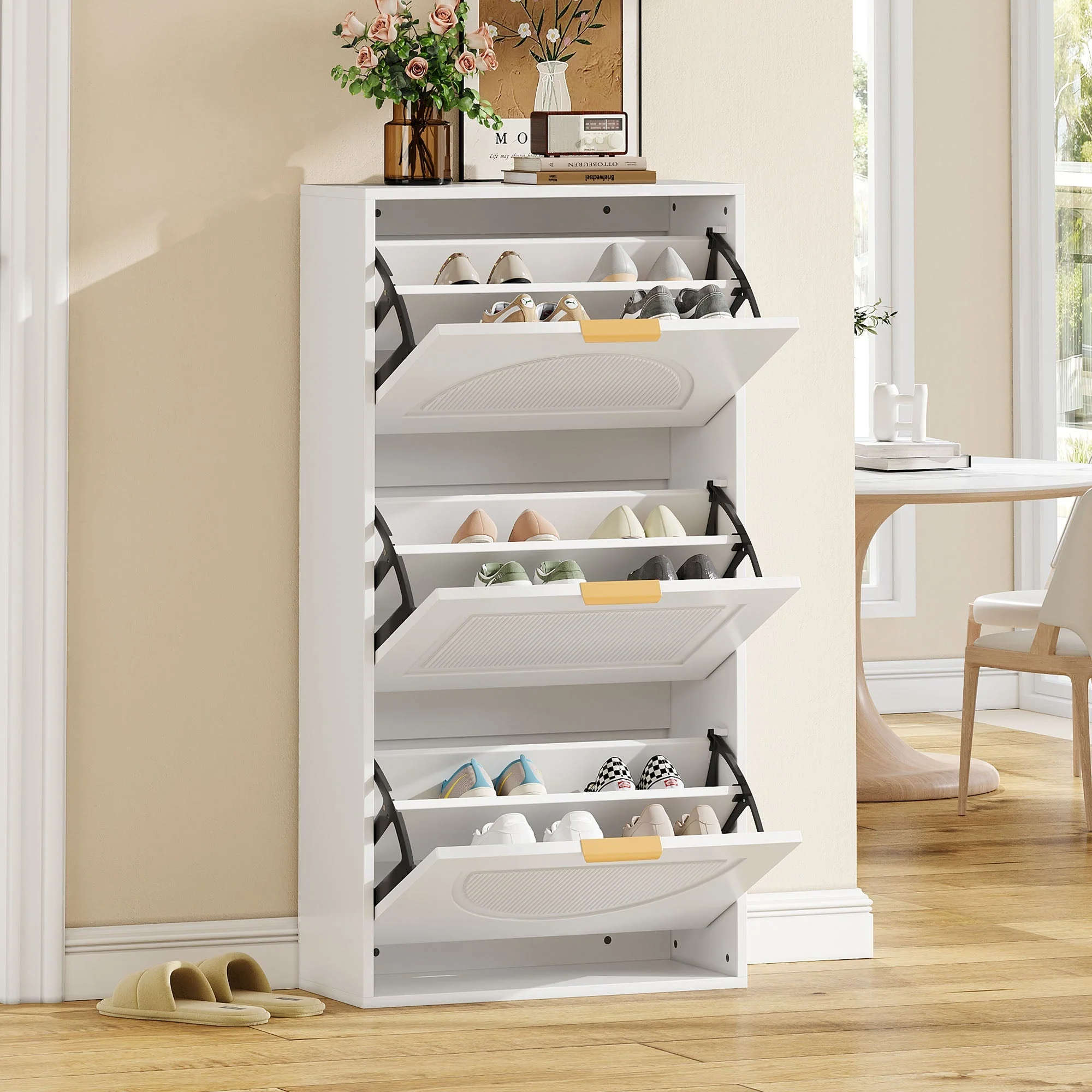 Narrow Shoe Cabinet 3 Doors 60x24x114cm - White - Image 6