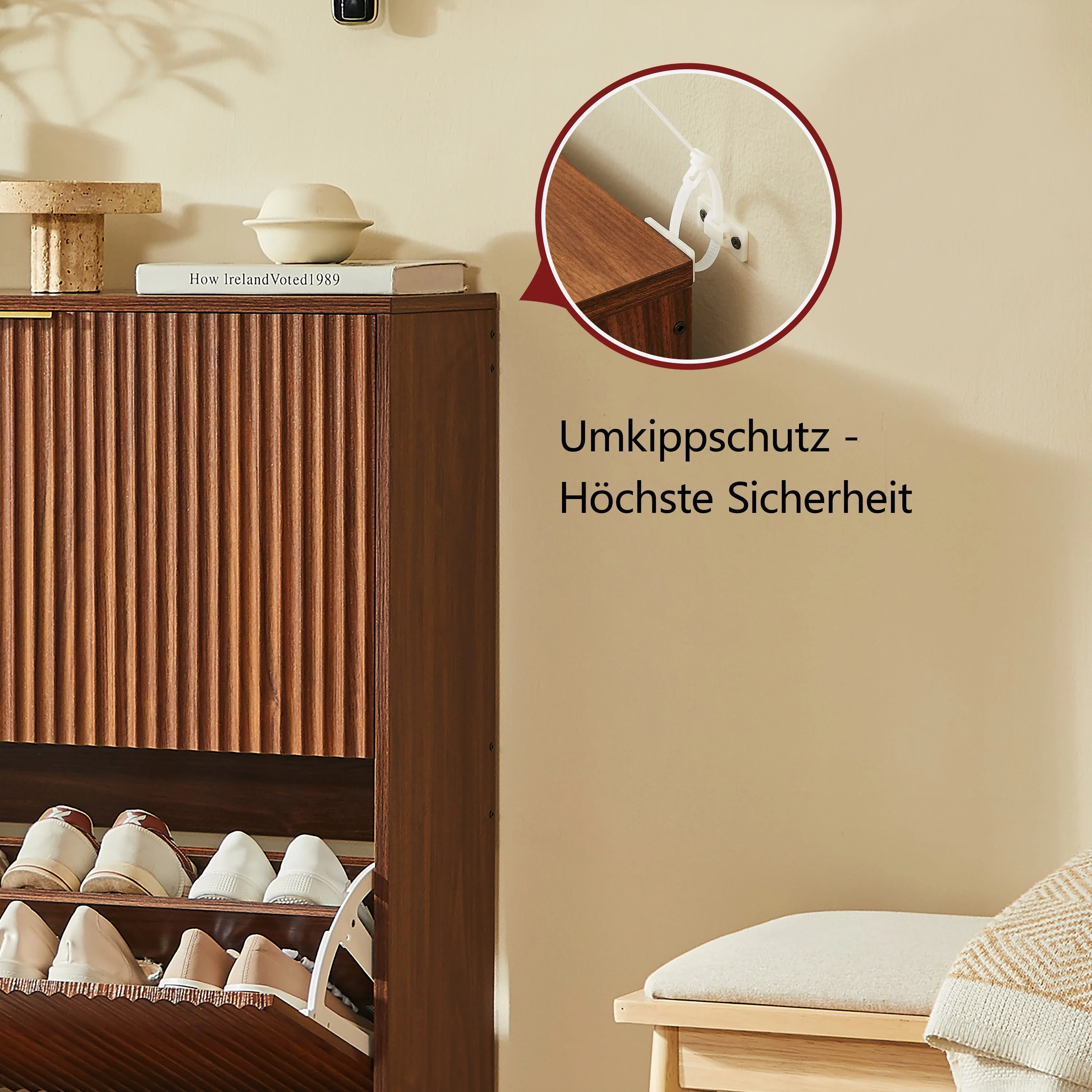 Narrow Shoe Cabinet with Grooved Front and Anti-Tip Device, Walnut Look - Image 10
