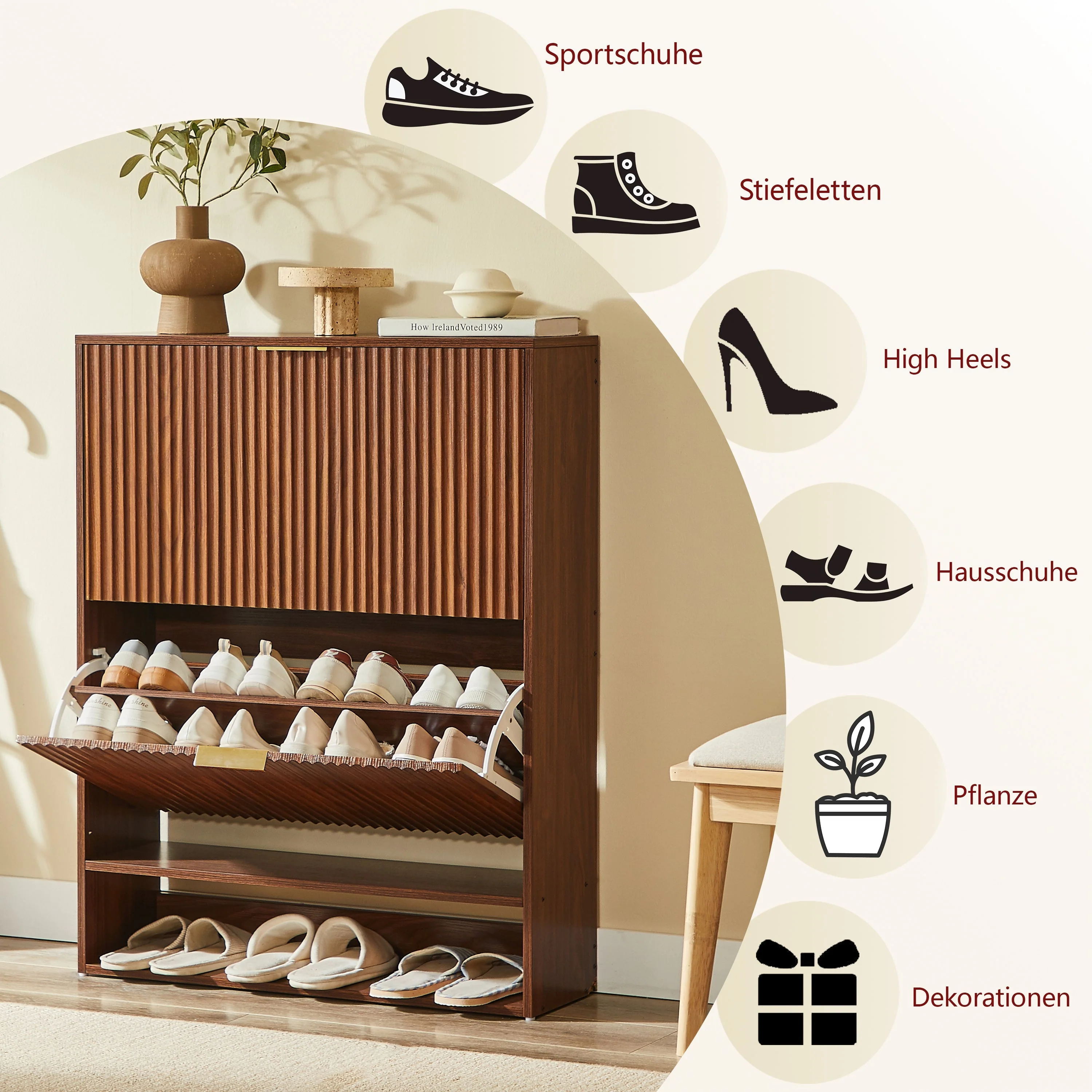 Narrow Shoe Cabinet with Grooved Front and Anti-Tip Device, Walnut Look - Image 6