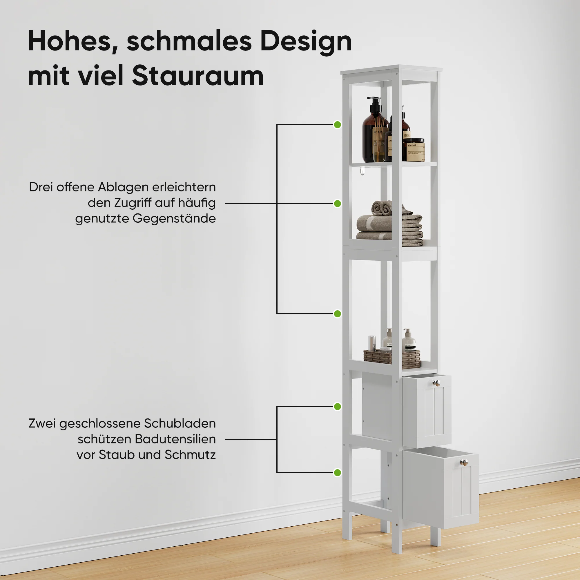 Narrow Tall Cabinet, Freestanding with 2 Drawers and 3 Shelves, White - Image 6