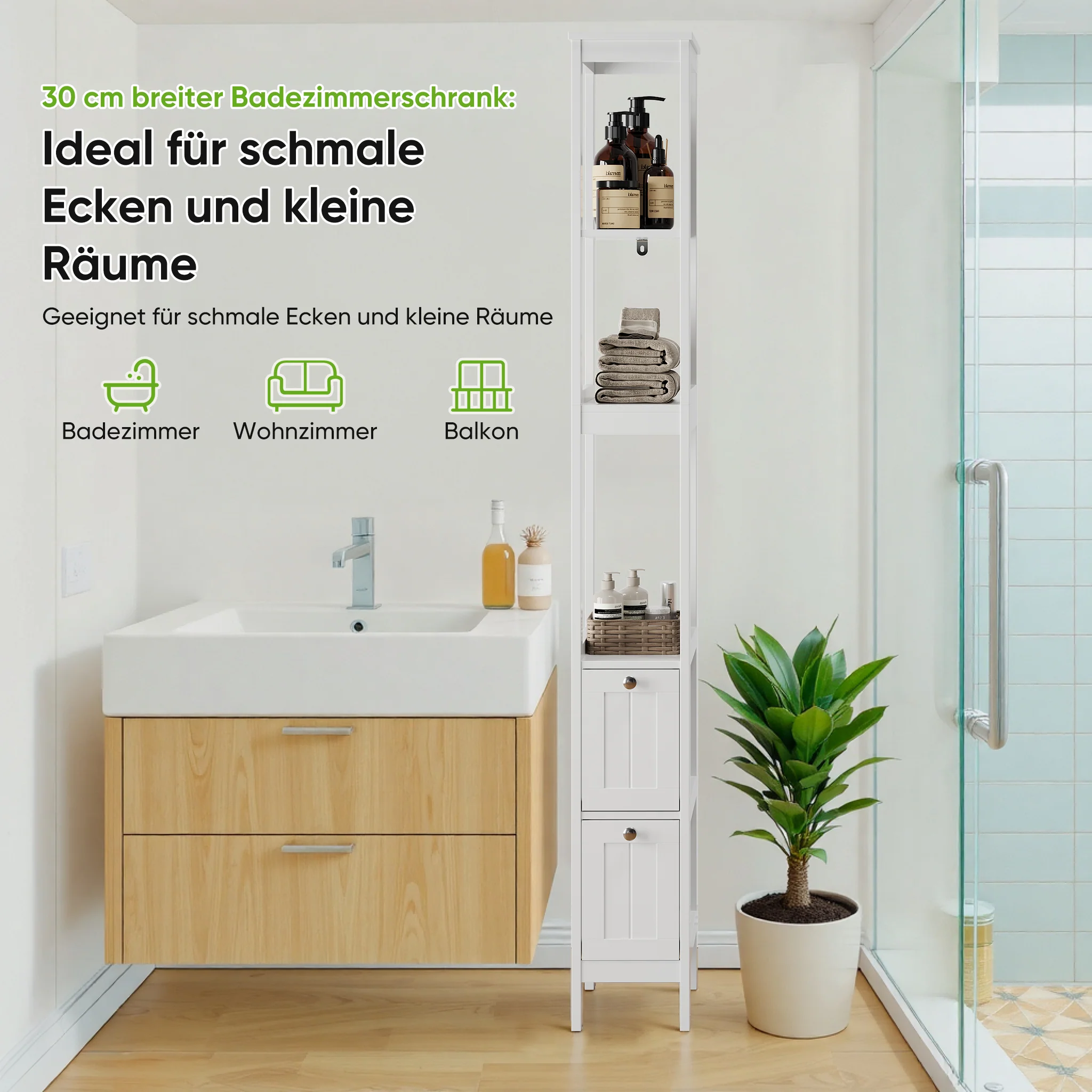 Narrow Tall Cabinet, Freestanding with 2 Drawers and 3 Shelves, White - Image 7
