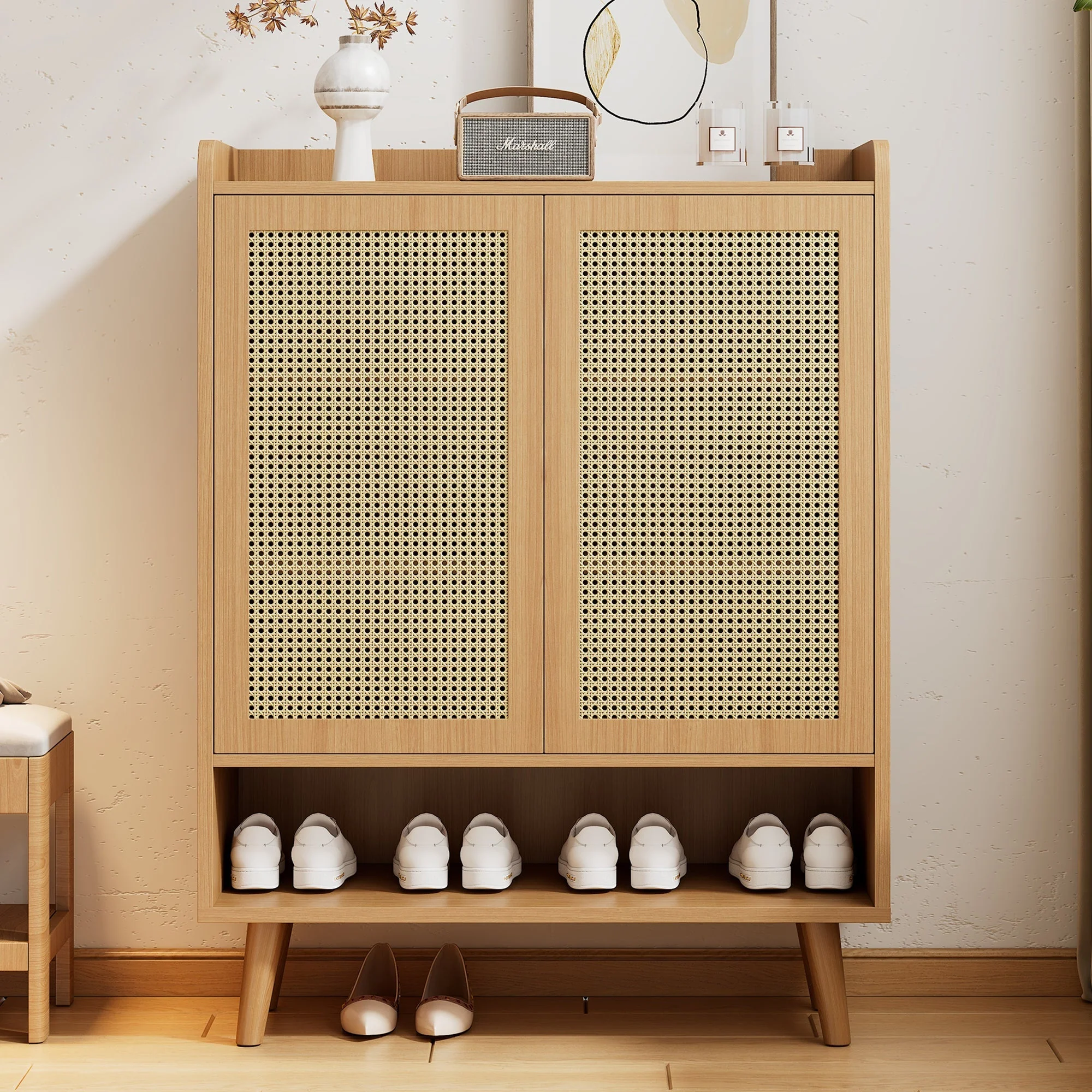 Natural rattan shoe cabinet, 2 doors and 5 shelves, with wooden handles and solid wood legs, 80x105x35 cm - Image 10