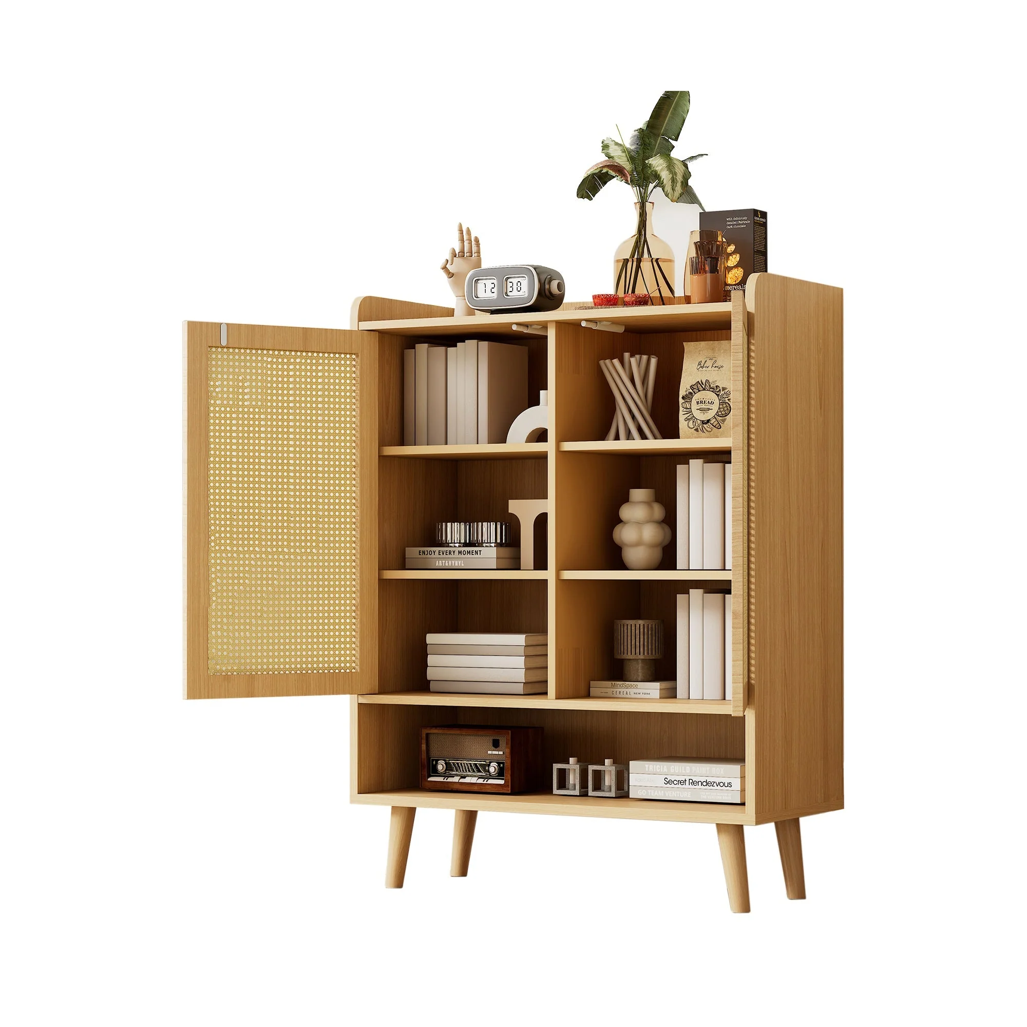 Natural rattan shoe cabinet, 2 doors and 5 shelves, with wooden handles and solid wood legs, 80x105x35 cm - Image 5