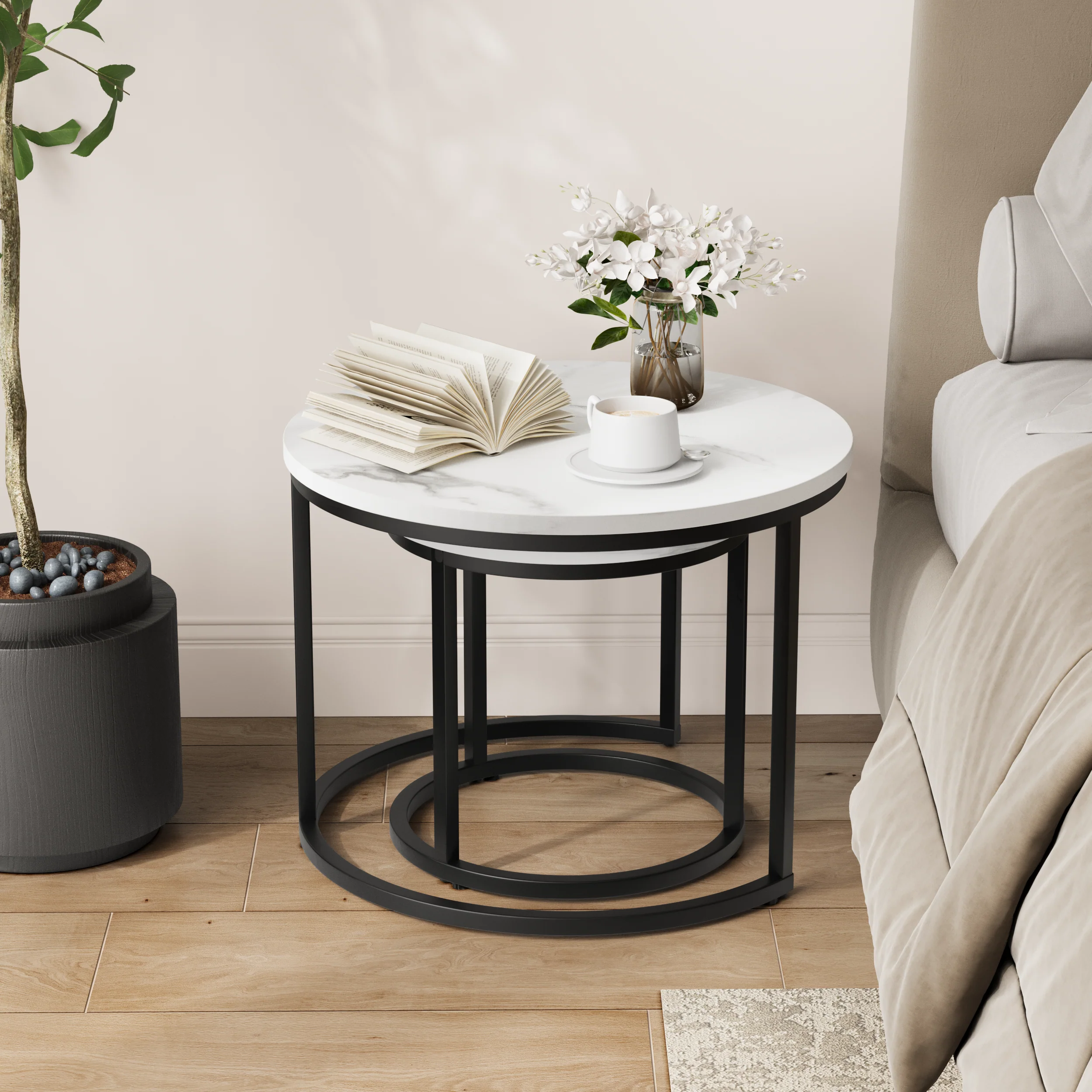 Nested coffee table 2 piece set, 60cm metal frame round modern, white - Image 5