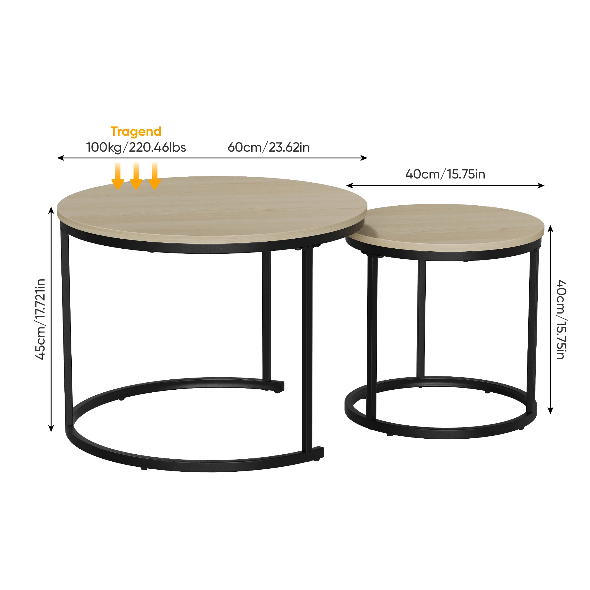 Nesting Coffee Table Set, 2-Piece Round 60cm Modern Design, Oak Veneer and Metal - Image 2
