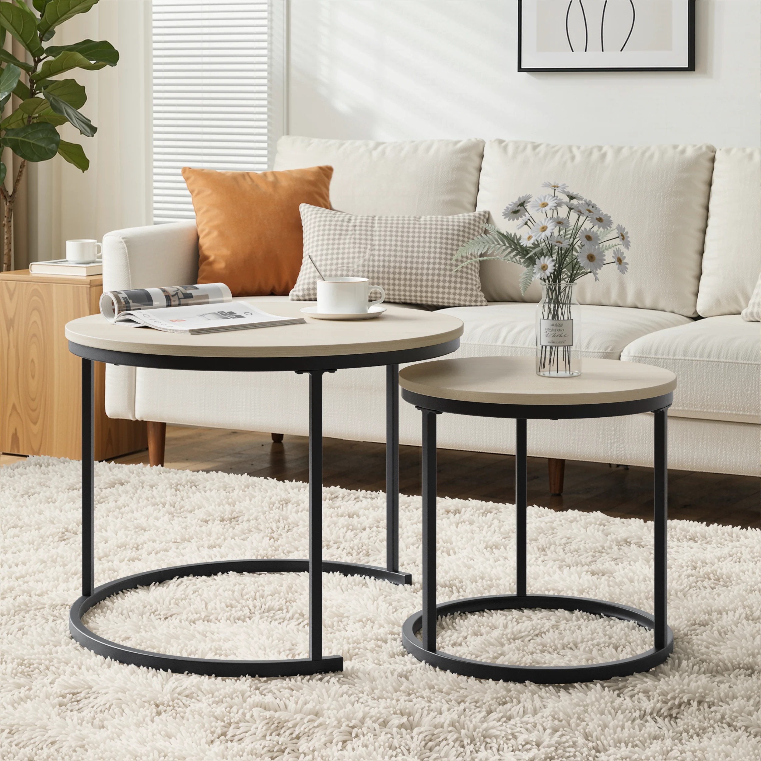 Nesting Coffee Table Set, 2-Piece Round 60cm Modern Design, Oak Veneer and Metal - Image 3