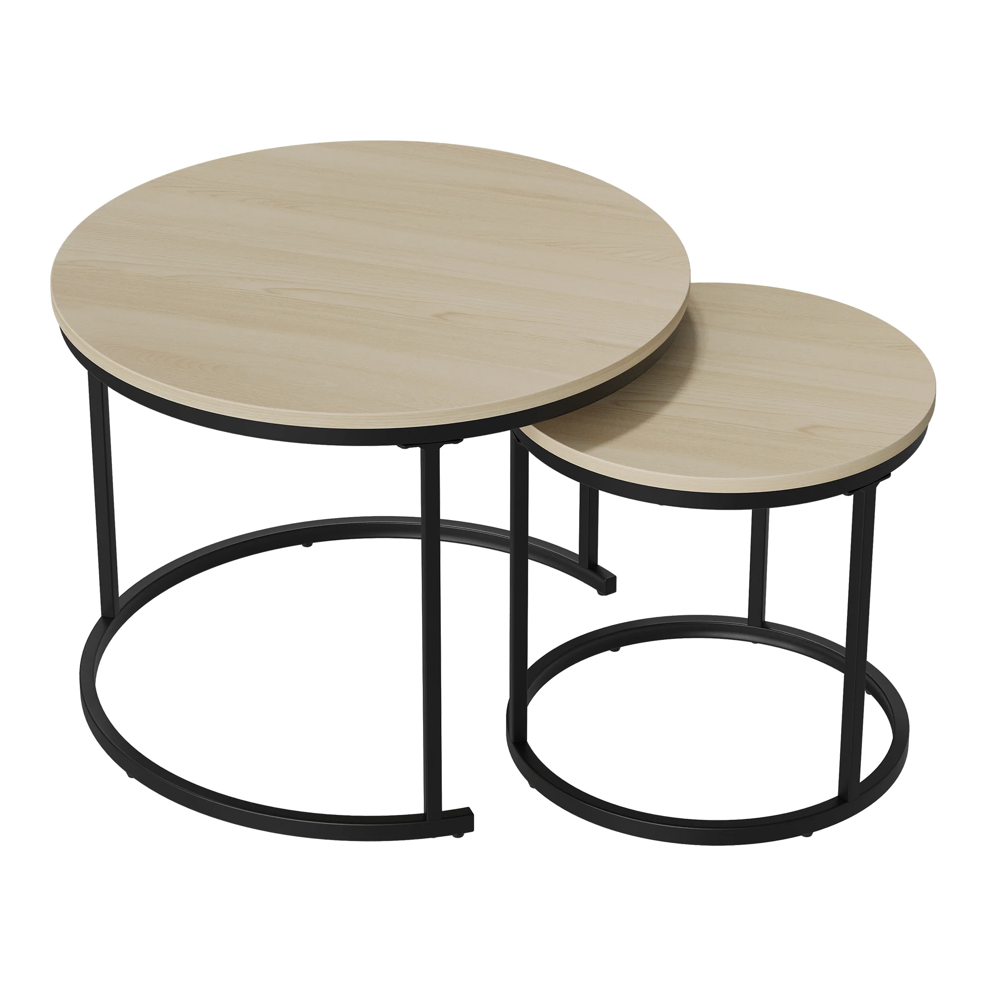 Nesting Coffee Table Set, 2-Piece Round 60cm Modern Design, Oak Veneer and Metal - Image 9