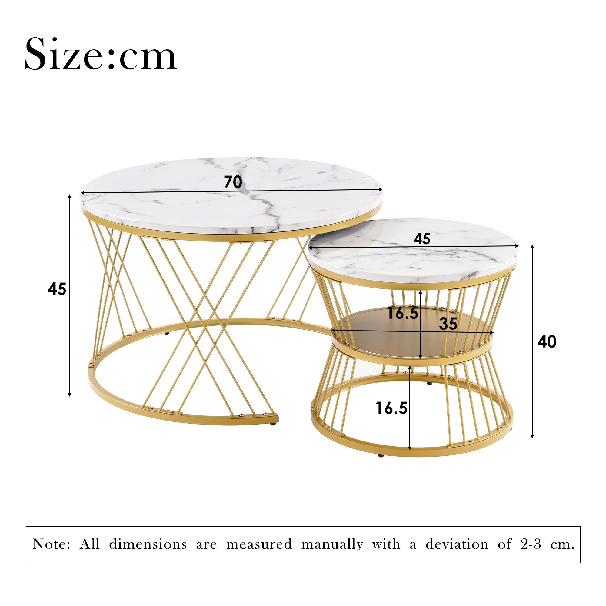 Nesting Coffee Table Set High Gloss Marble Veneer Round 2-Piece - Gold Frame - Image 7