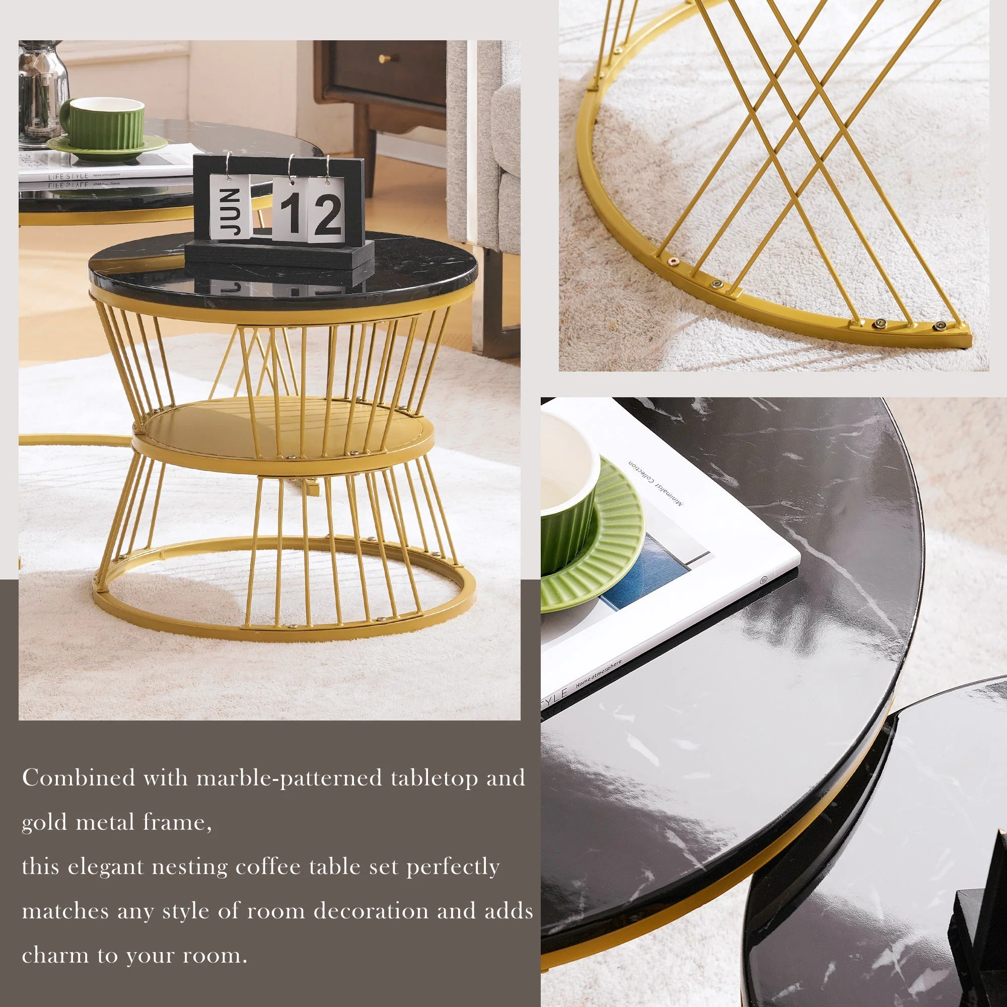 Nesting Coffee Table Set of 2 Round High Gloss Marble Veneer Gold Frame - Image 4