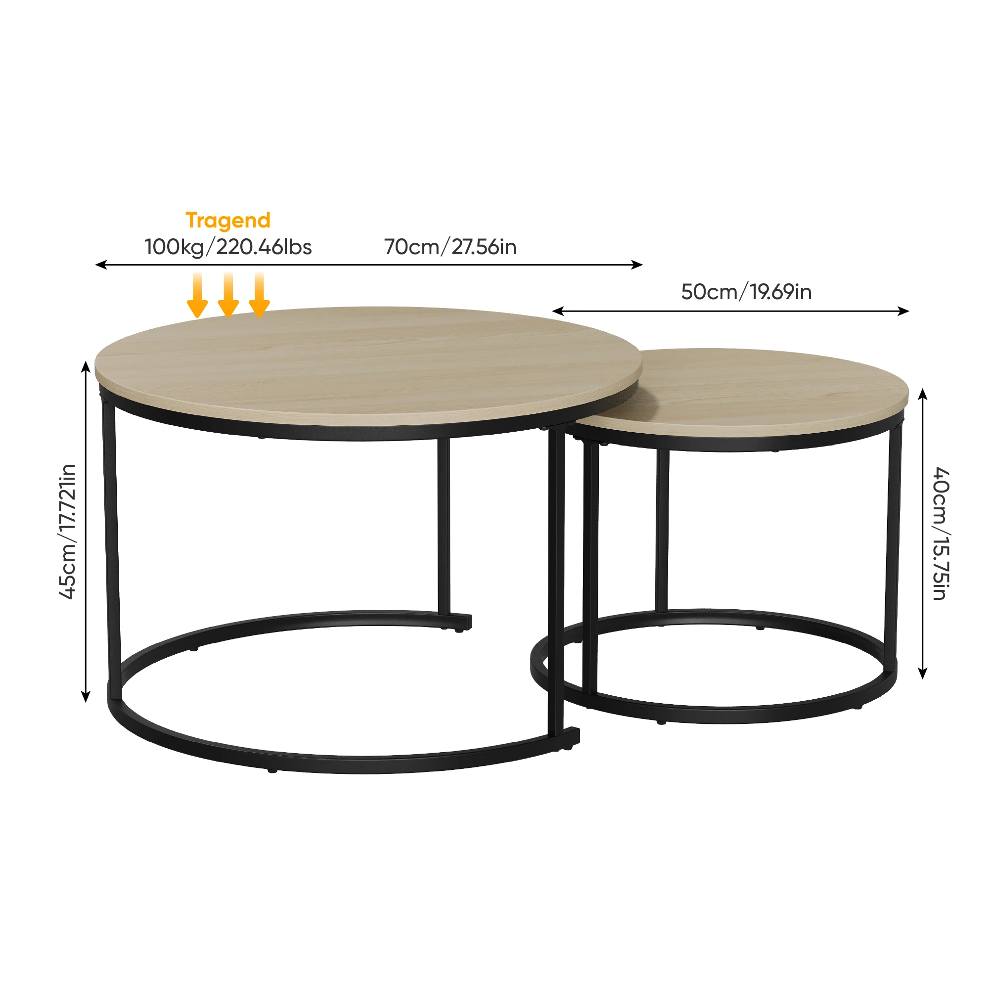 Nesting Coffee Table Set, Two-Piece Round 70cm Diameter with Metal Frame, Oak Wood Veneer - Image 2