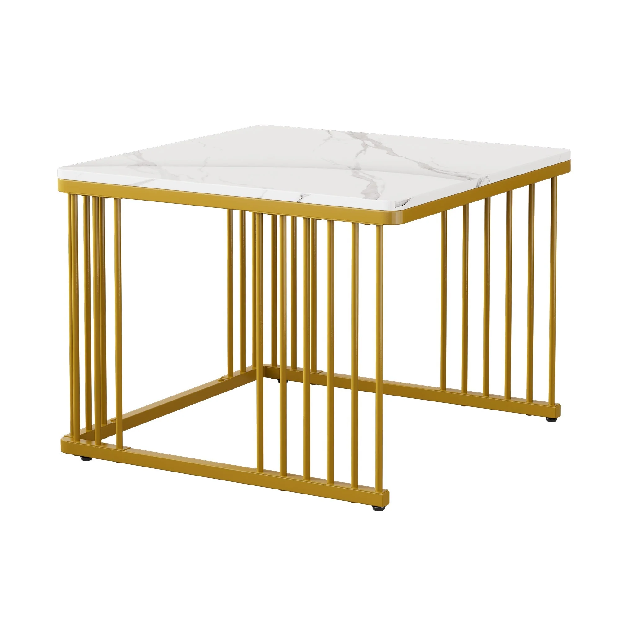 Nesting Coffee Tables Set of 2 Square Marble-Effect High-Gloss - Gold Legs - Image 7
