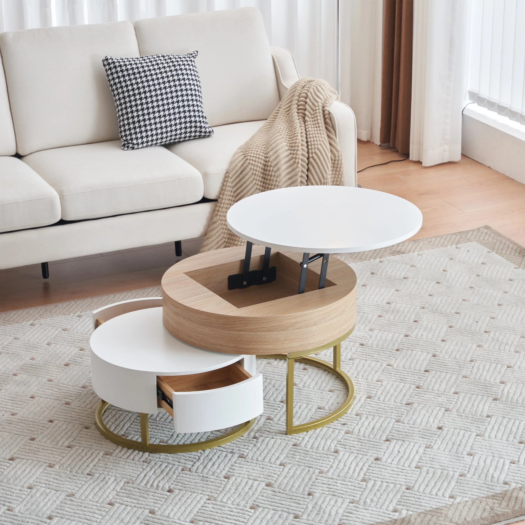 Nesting Table, Fold-Up Coffee & Side Table with Two Drawers, 2-Piece Set, Golden - Image 3